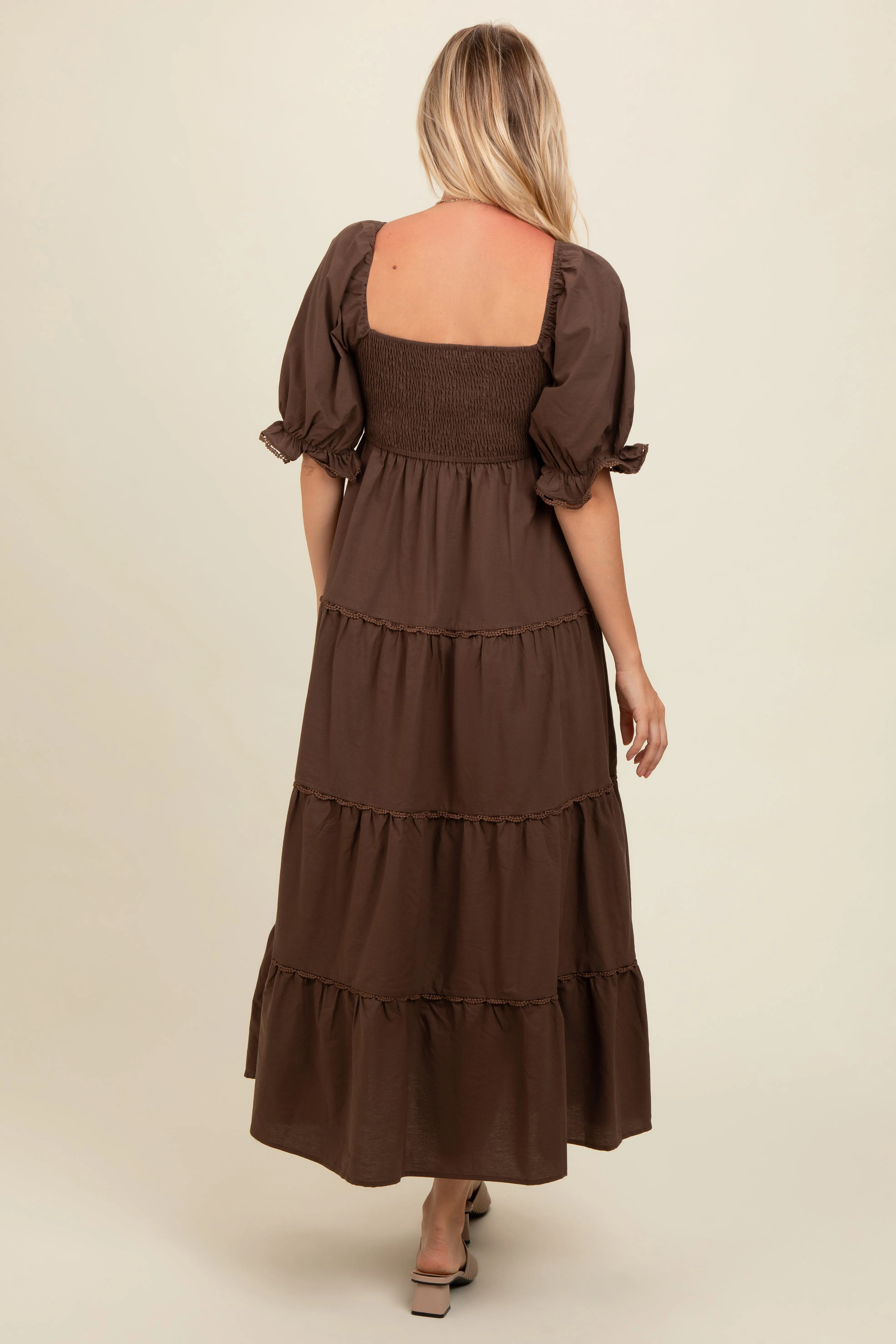 Brown Deep V-Neck Tiered Maxi Dress sold by Pinkblush product image thumbnail 3