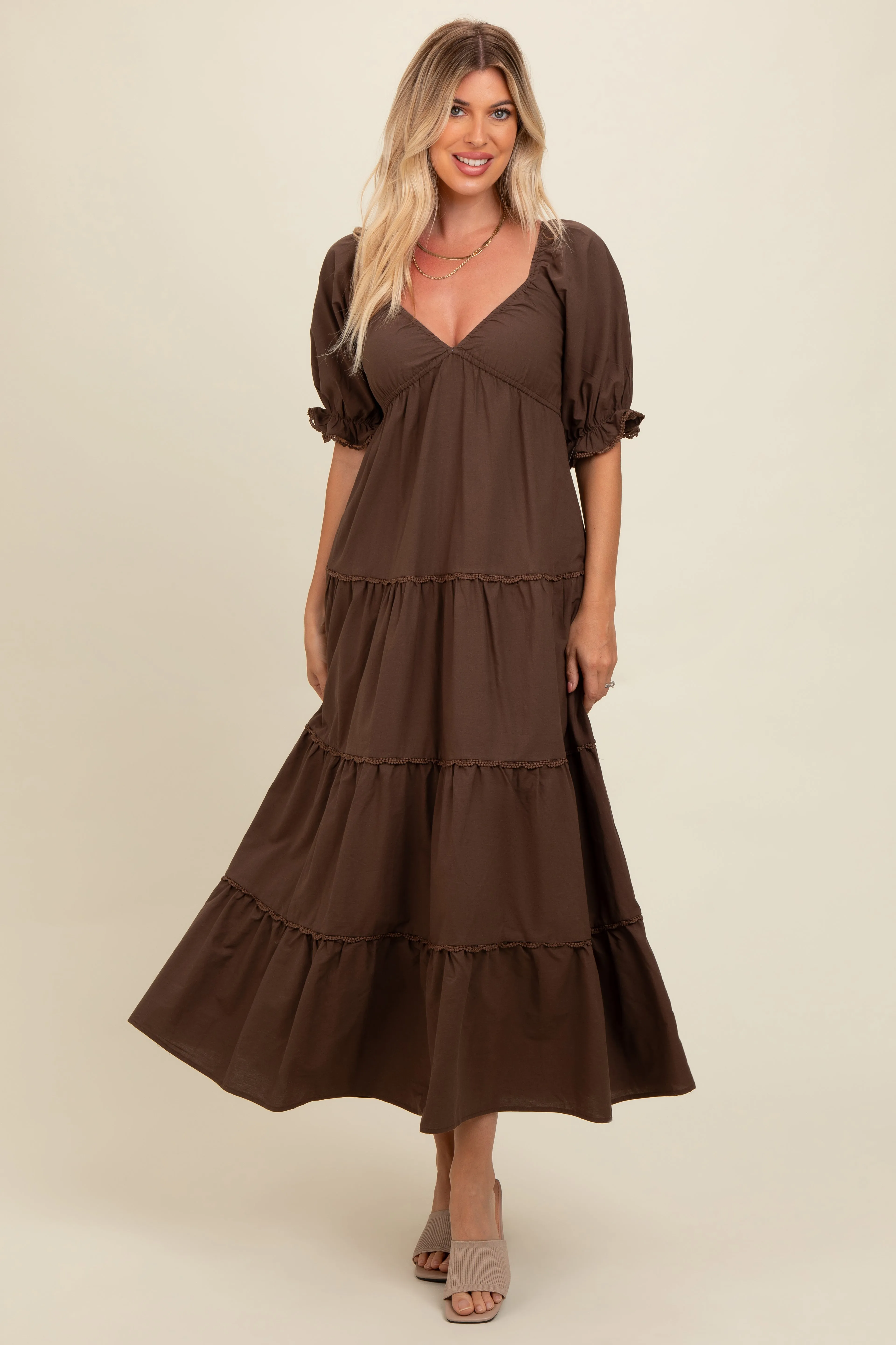 Brown Deep V-Neck Tiered Maxi Dress sold by Pinkblush product image thumbnail 4