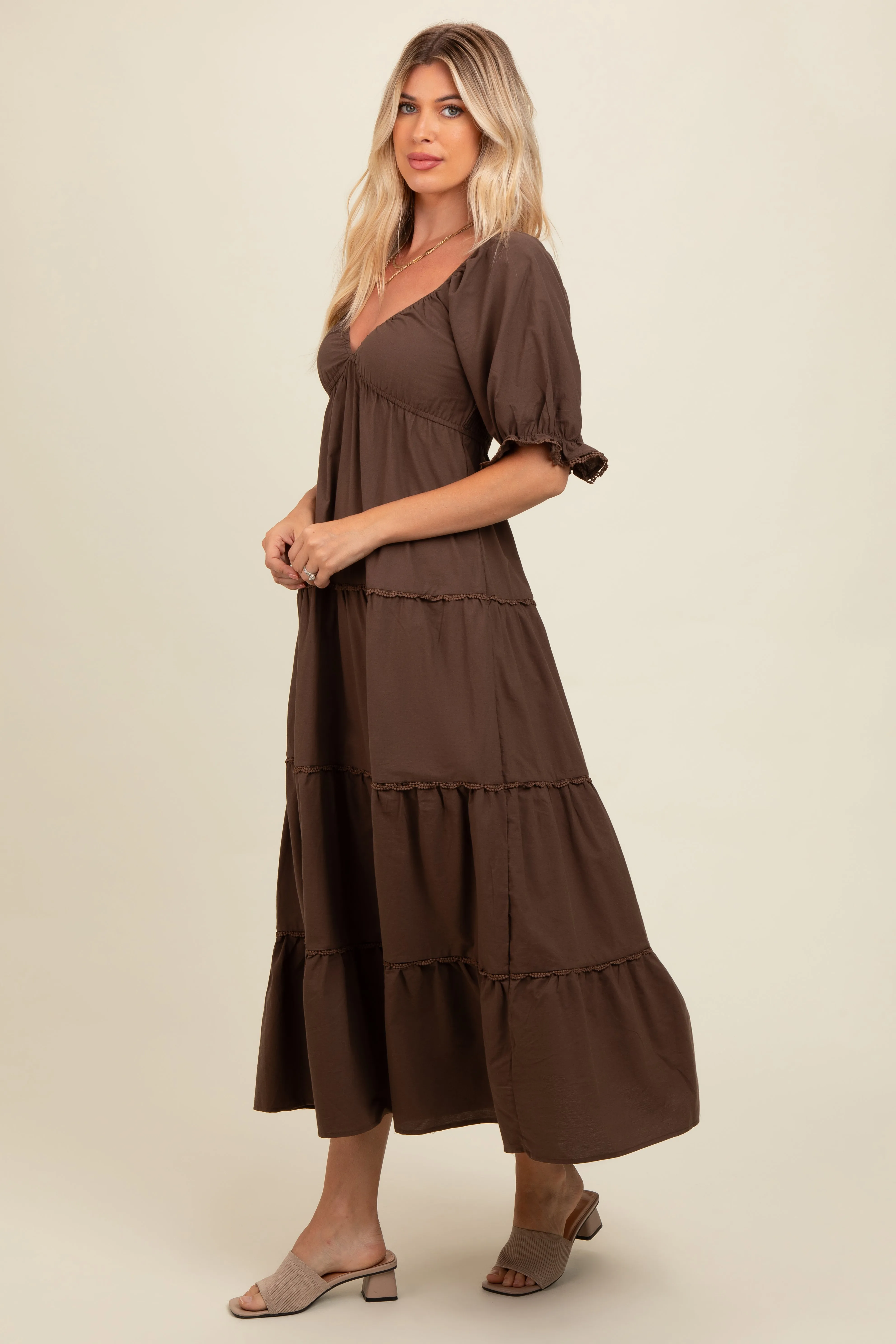 Brown Deep V-Neck Tiered Maxi Dress sold by Pinkblush
