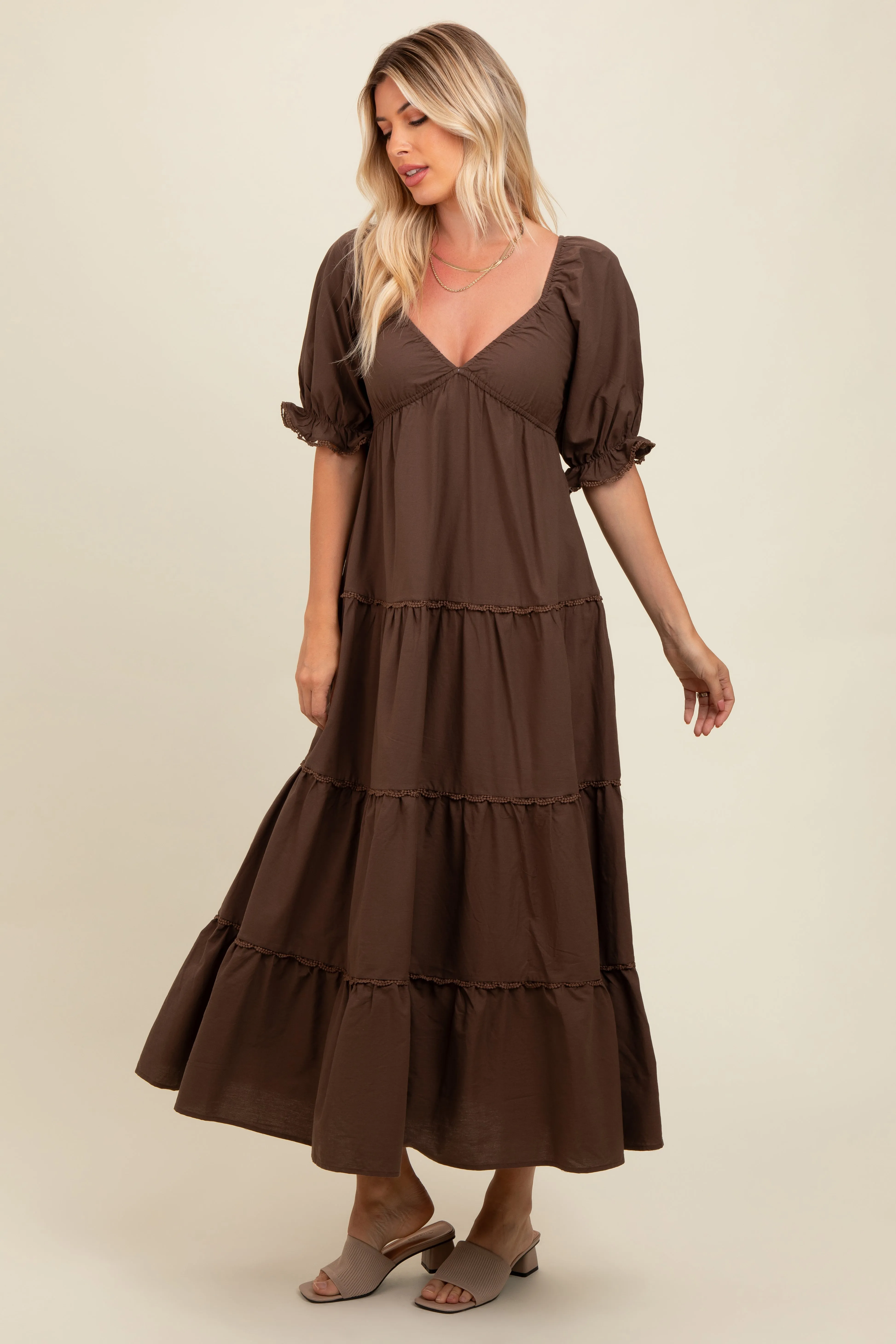 Brown Deep V-Neck Tiered Maxi Dress sold by Pinkblush product image thumbnail 2