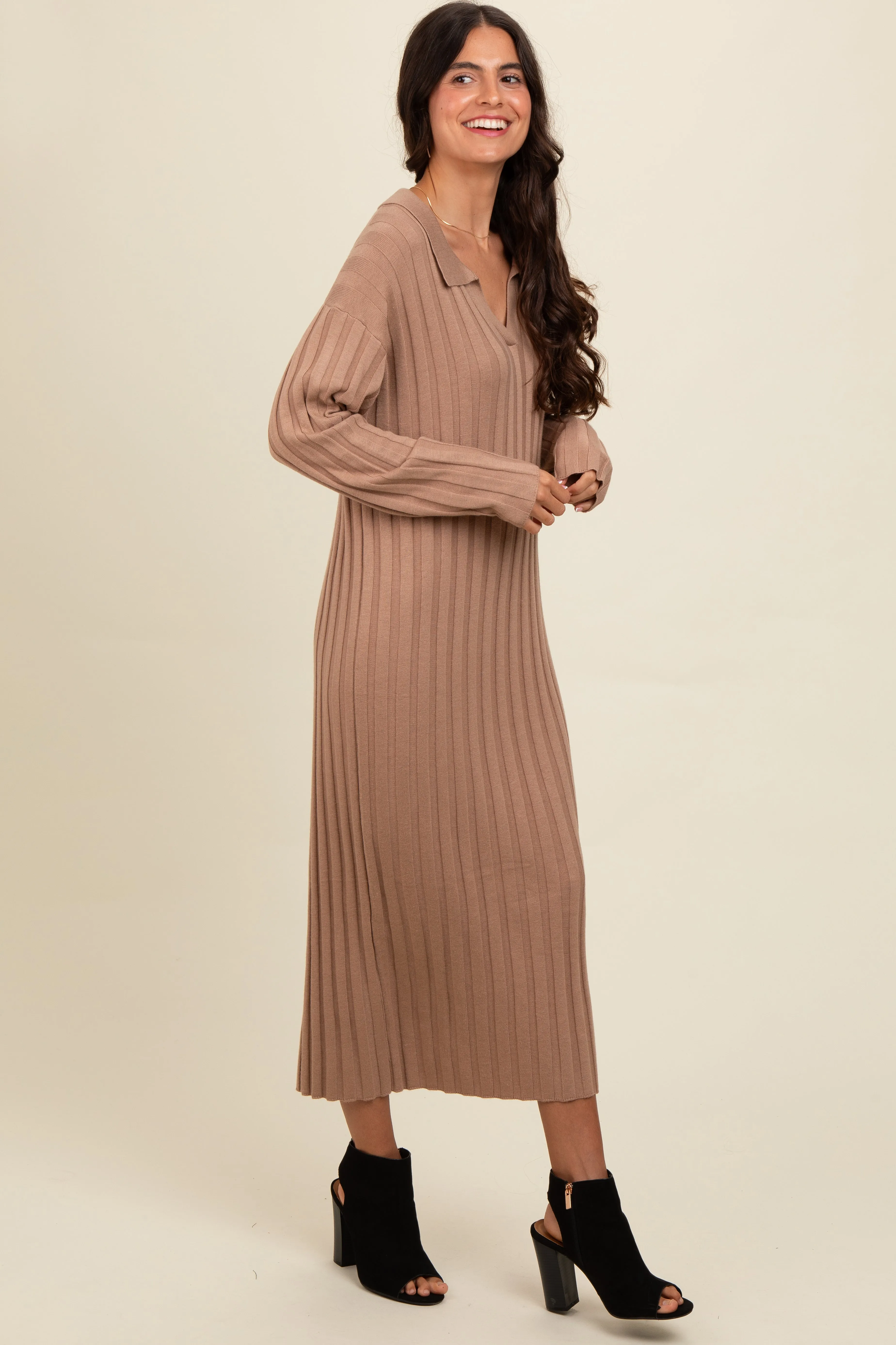 Mocha Ribbed Collared Midi Sweater Dress sold by Pinkblush product image thumbnail 2