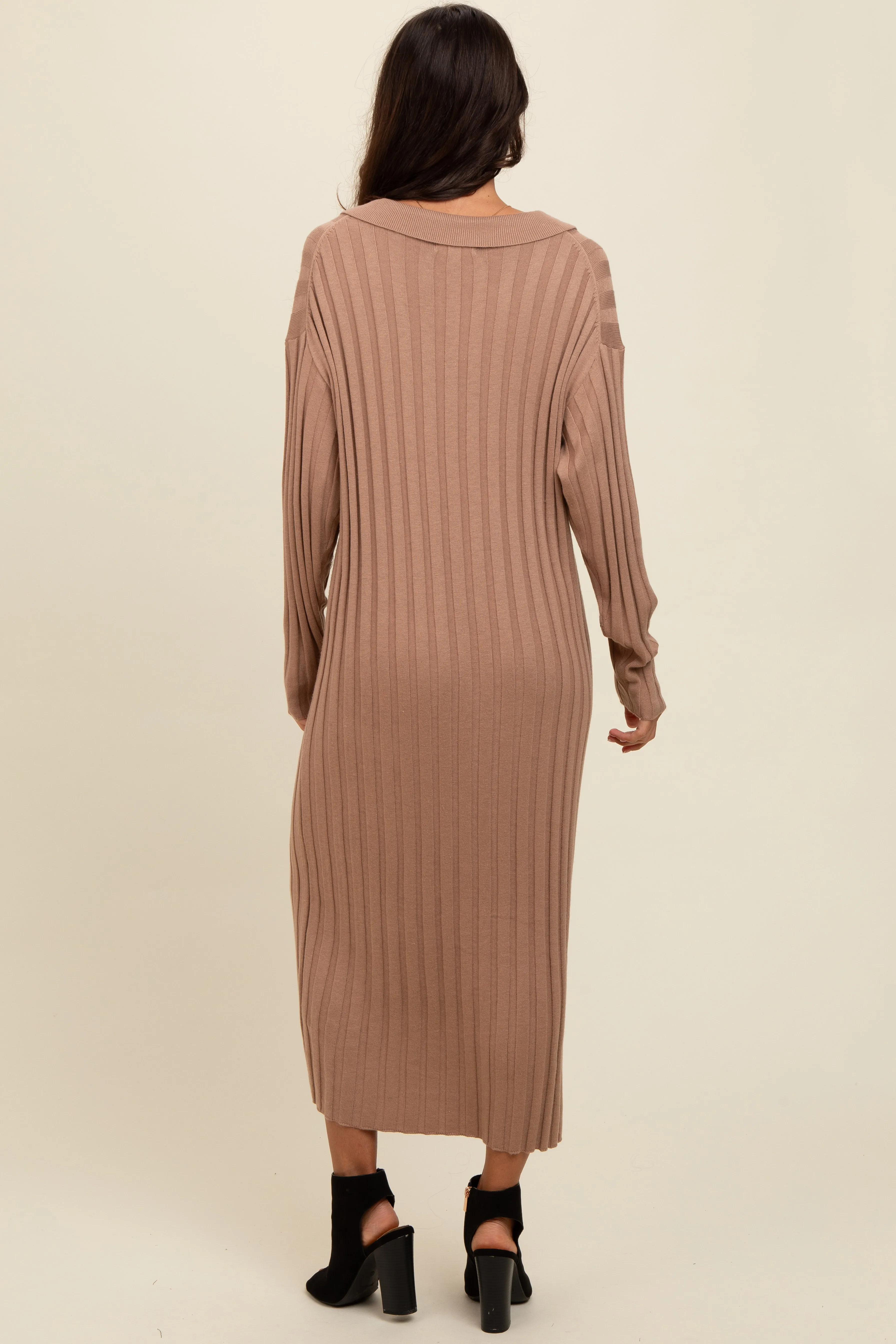 Mocha Ribbed Collared Midi Sweater Dress sold by Pinkblush product image thumbnail 3