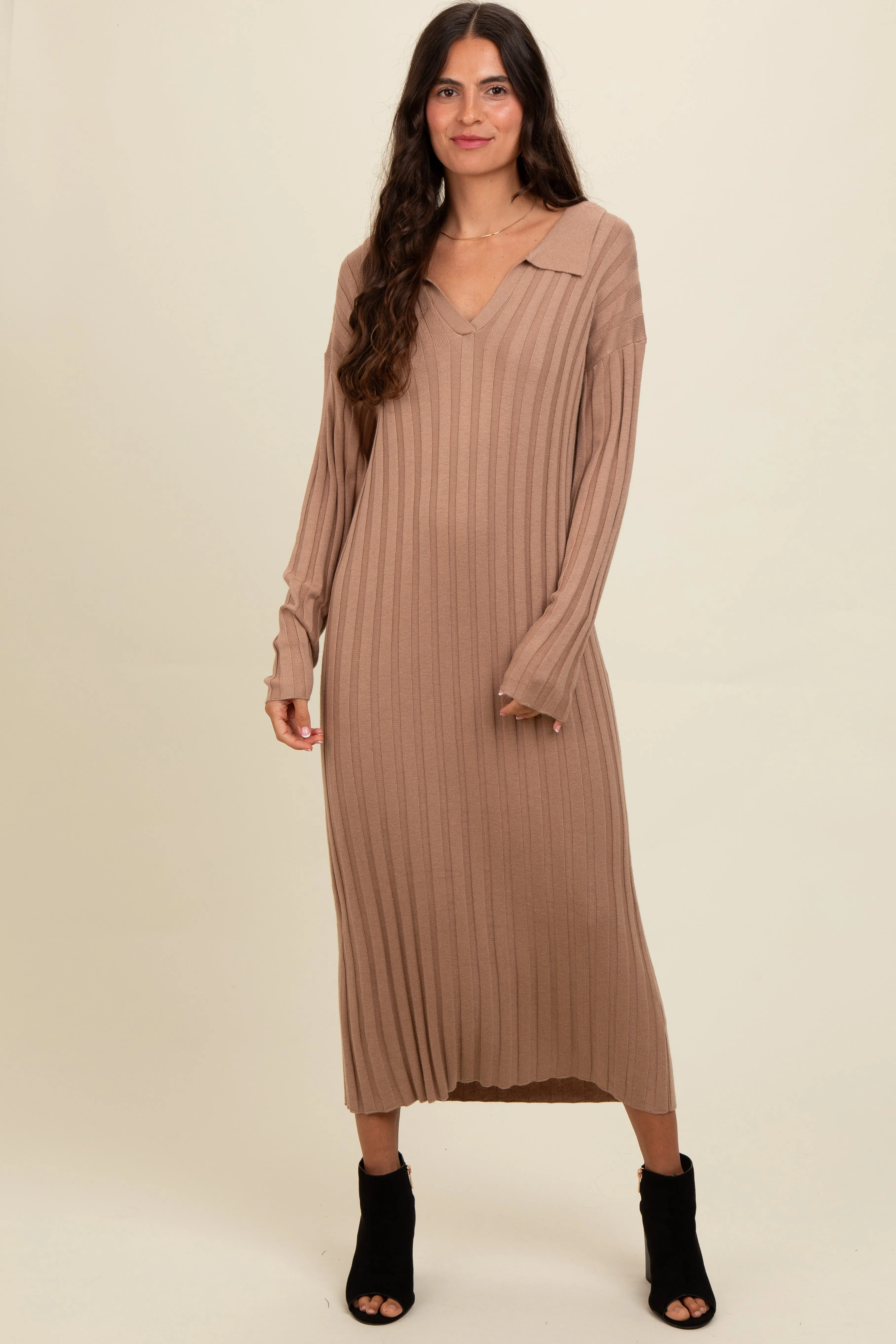 Mocha Ribbed Collared Midi Sweater Dress sold by Pinkblush