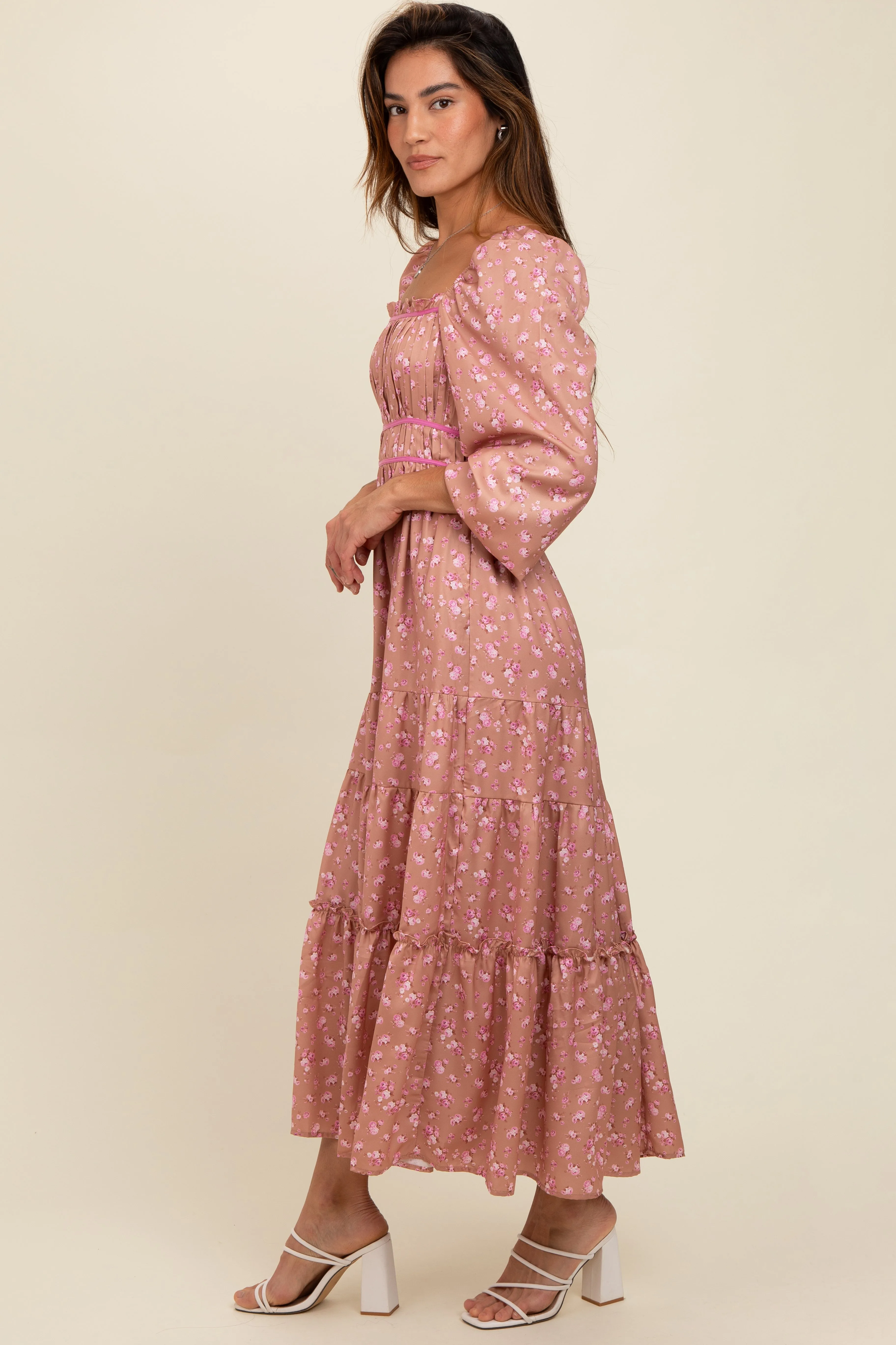Mauve Satin Floral Pleated Tiered Maxi Dress sold by Pinkblush product image thumbnail 3