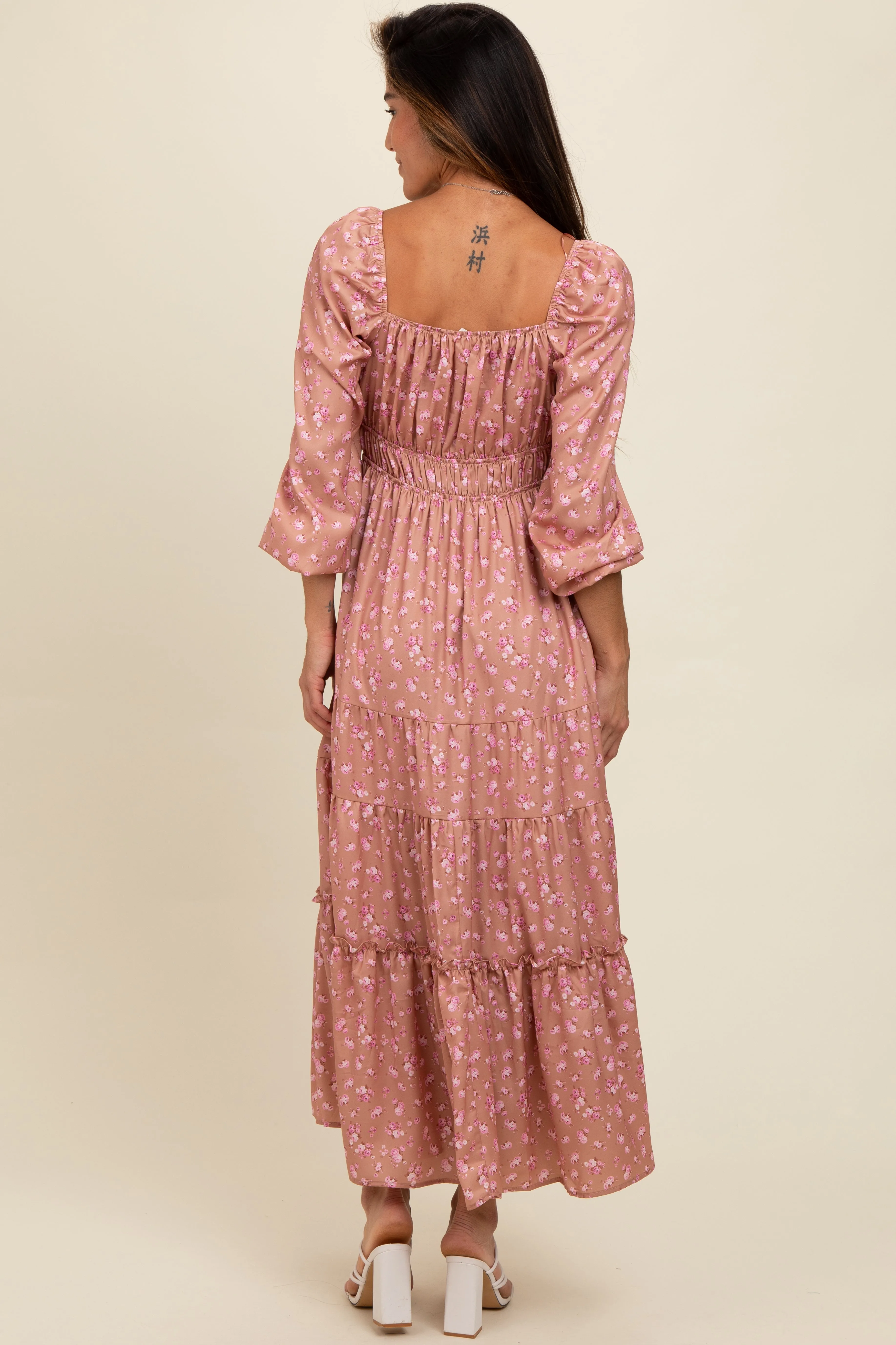 Mauve Satin Floral Pleated Tiered Maxi Dress sold by Pinkblush product image thumbnail 4