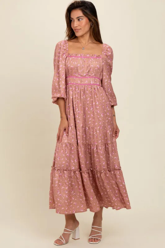 Mauve Satin Floral Pleated Tiered Maxi Dress sold by Pinkblush