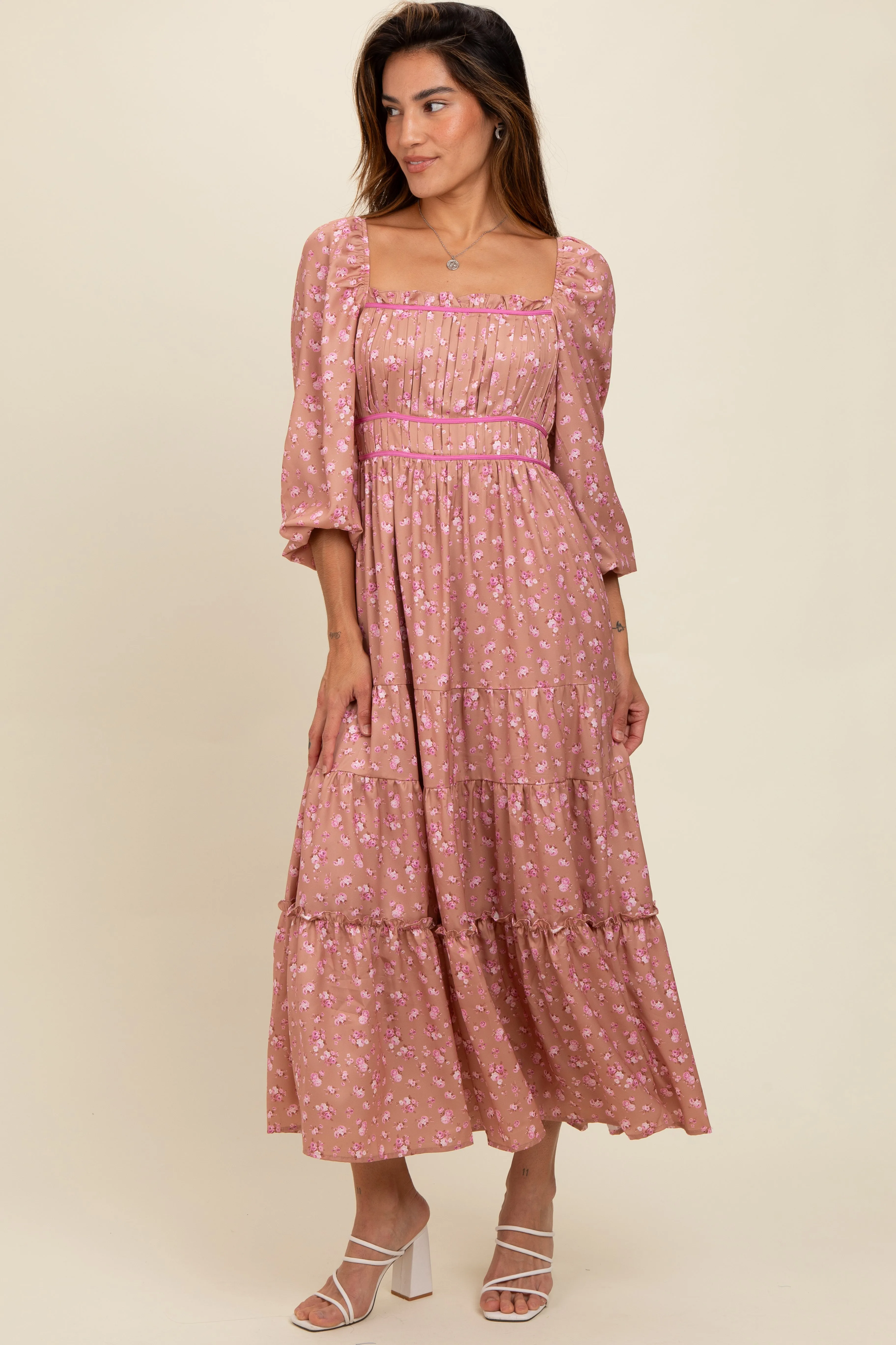 Mauve Satin Floral Pleated Tiered Maxi Dress sold by Pinkblush
