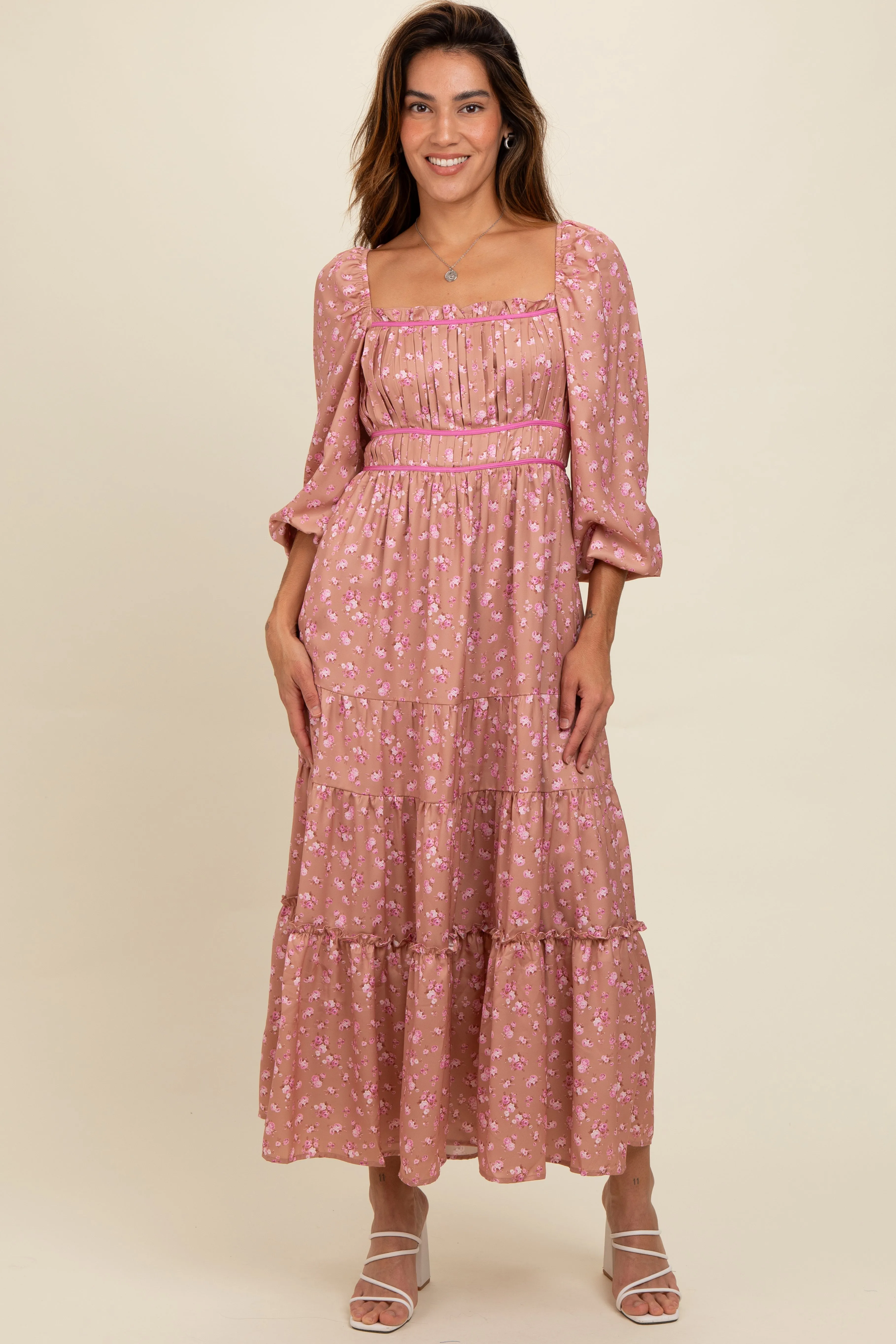 Mauve Satin Floral Pleated Tiered Maxi Dress sold by Pinkblush product image thumbnail 2