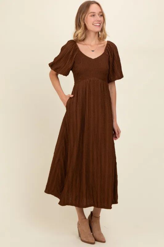 Brown Smocked V-Neck Short Puff Sleeve Textured Midi Dress made by Pinkblush