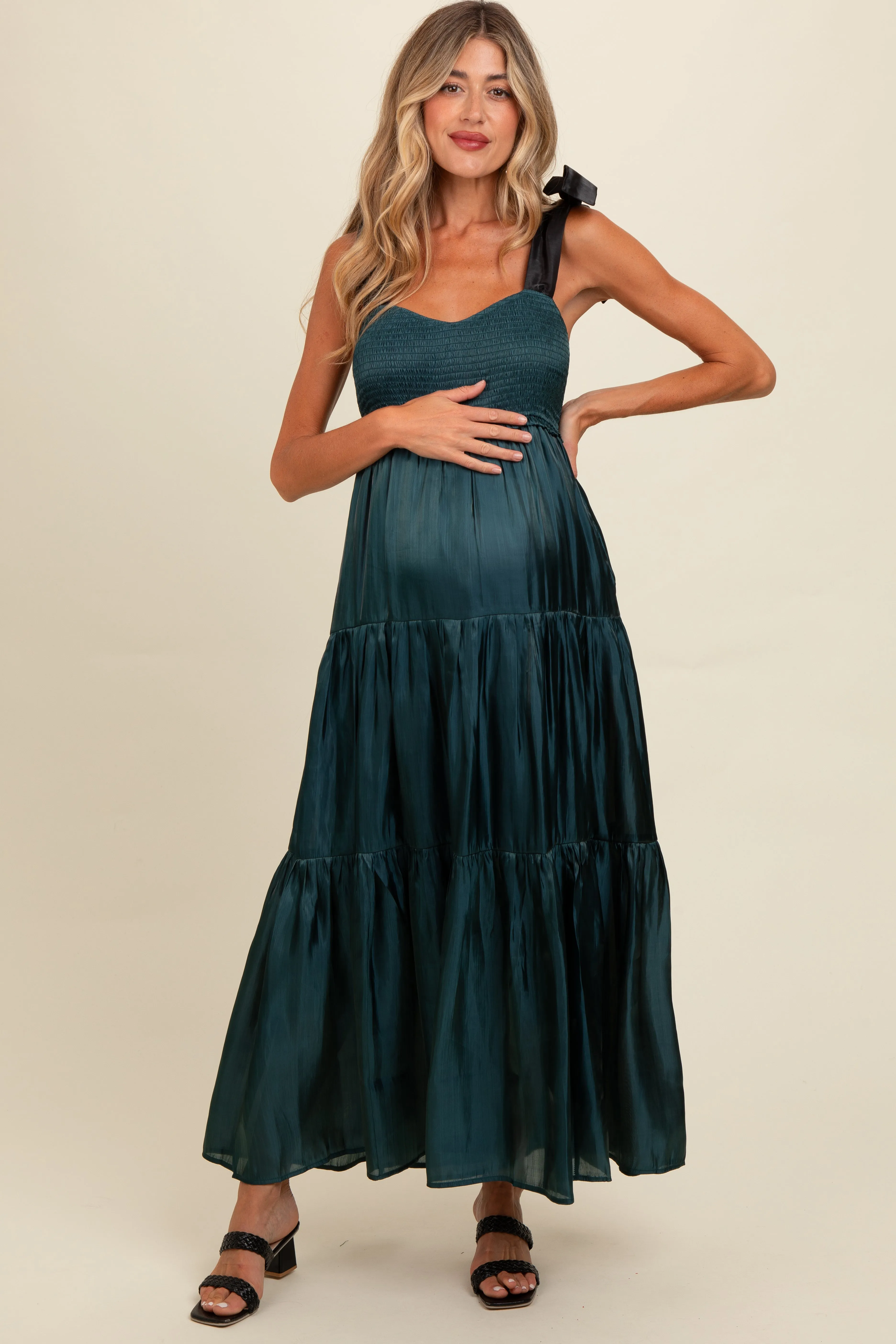 Teal Tiered Satin Tie-Strap Maternity Maxi Dress sold by Pinkblush product image thumbnail 2