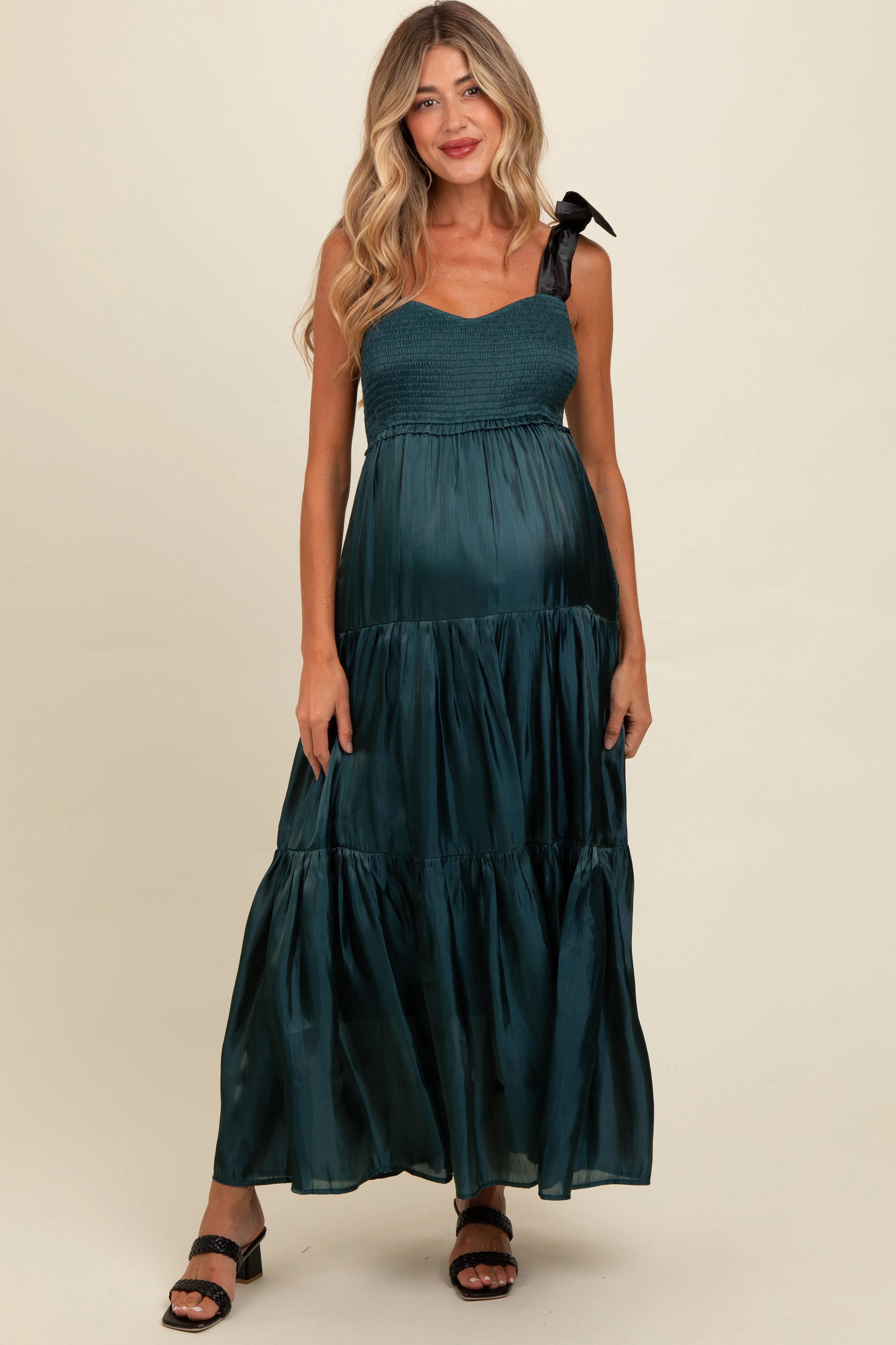 Teal Tiered Satin Tie-Strap Maternity Maxi Dress sold by Pinkblush