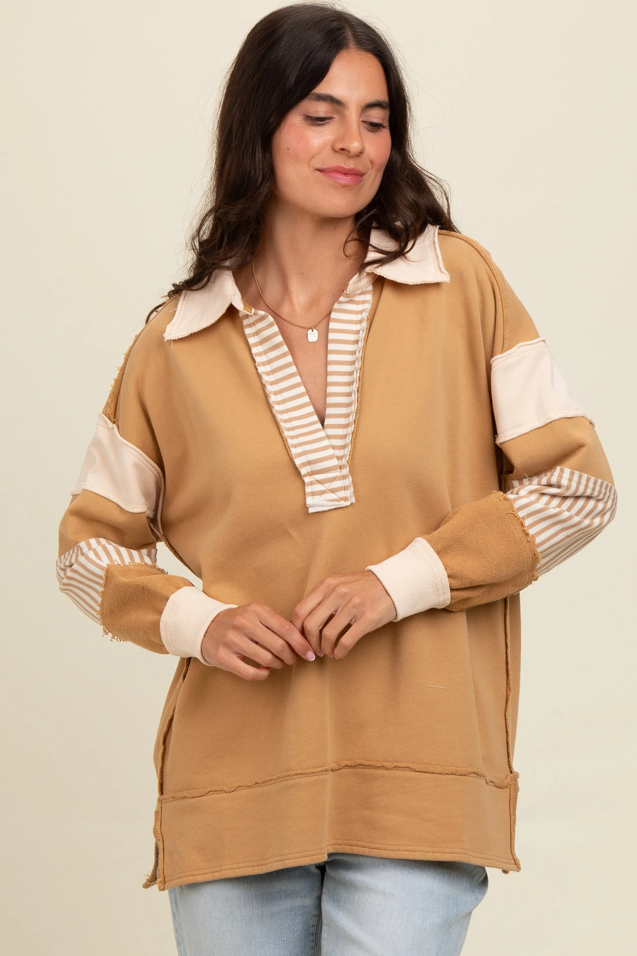 Mocha Colorblock Stripe Polo Pullover Top sold by Pinkblush