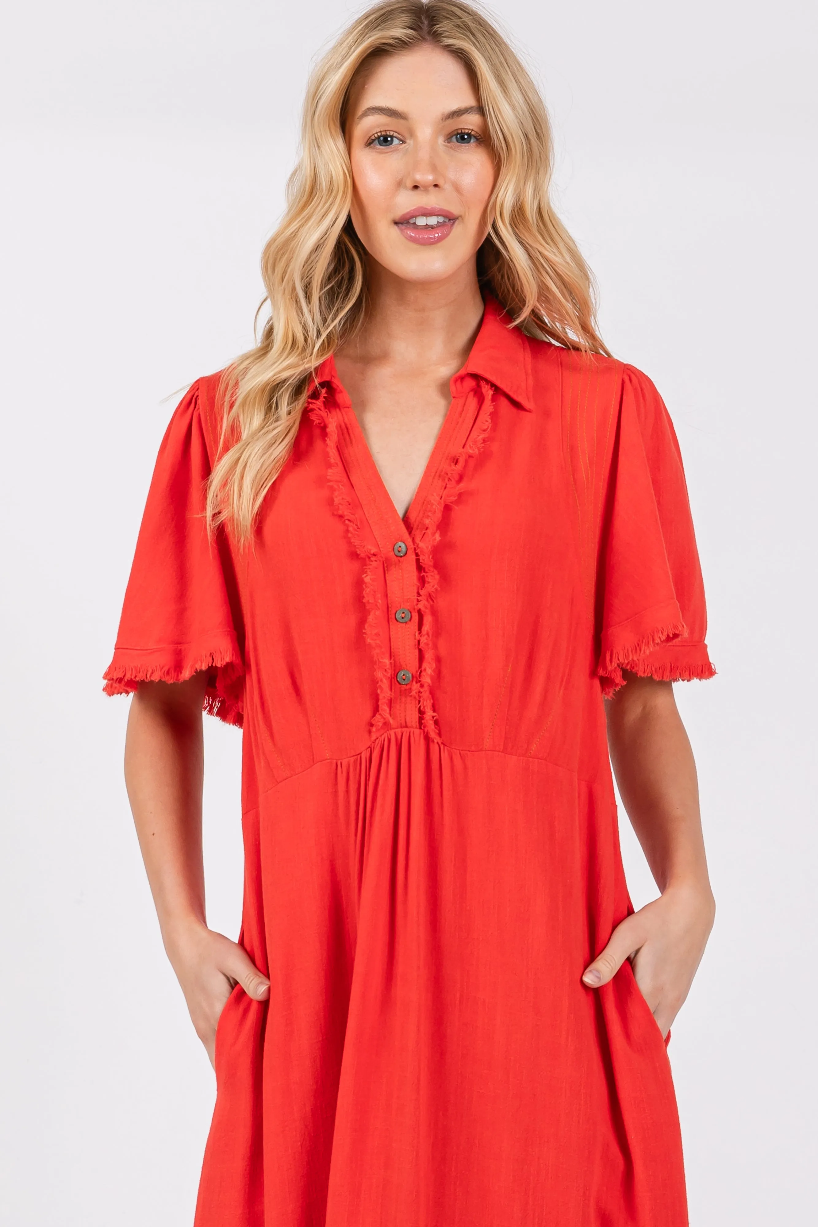 Red Collared Pocketed Midi Dress sold by Pinkblush product image thumbnail 4