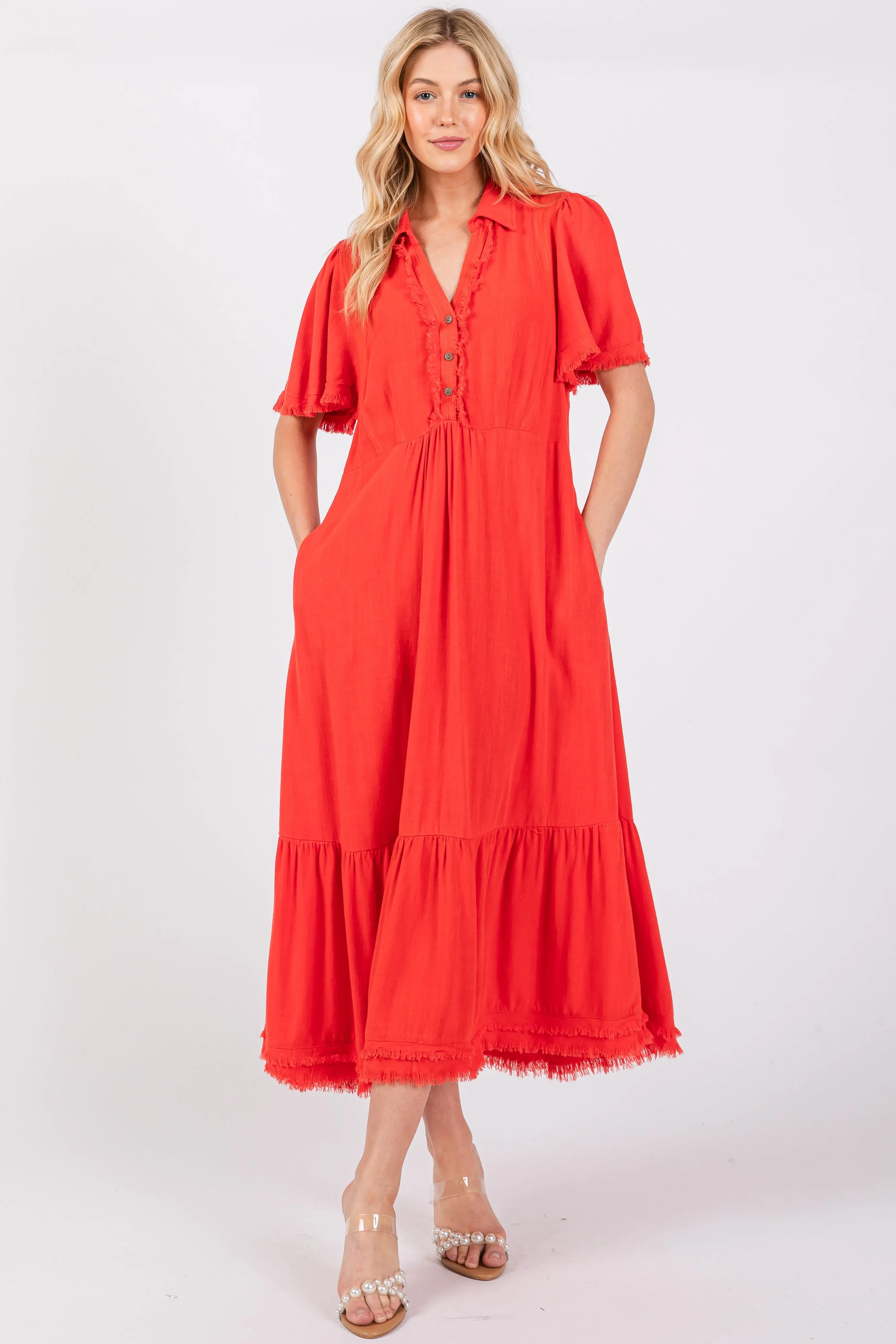 Red Collared Pocketed Midi Dress sold by Pinkblush