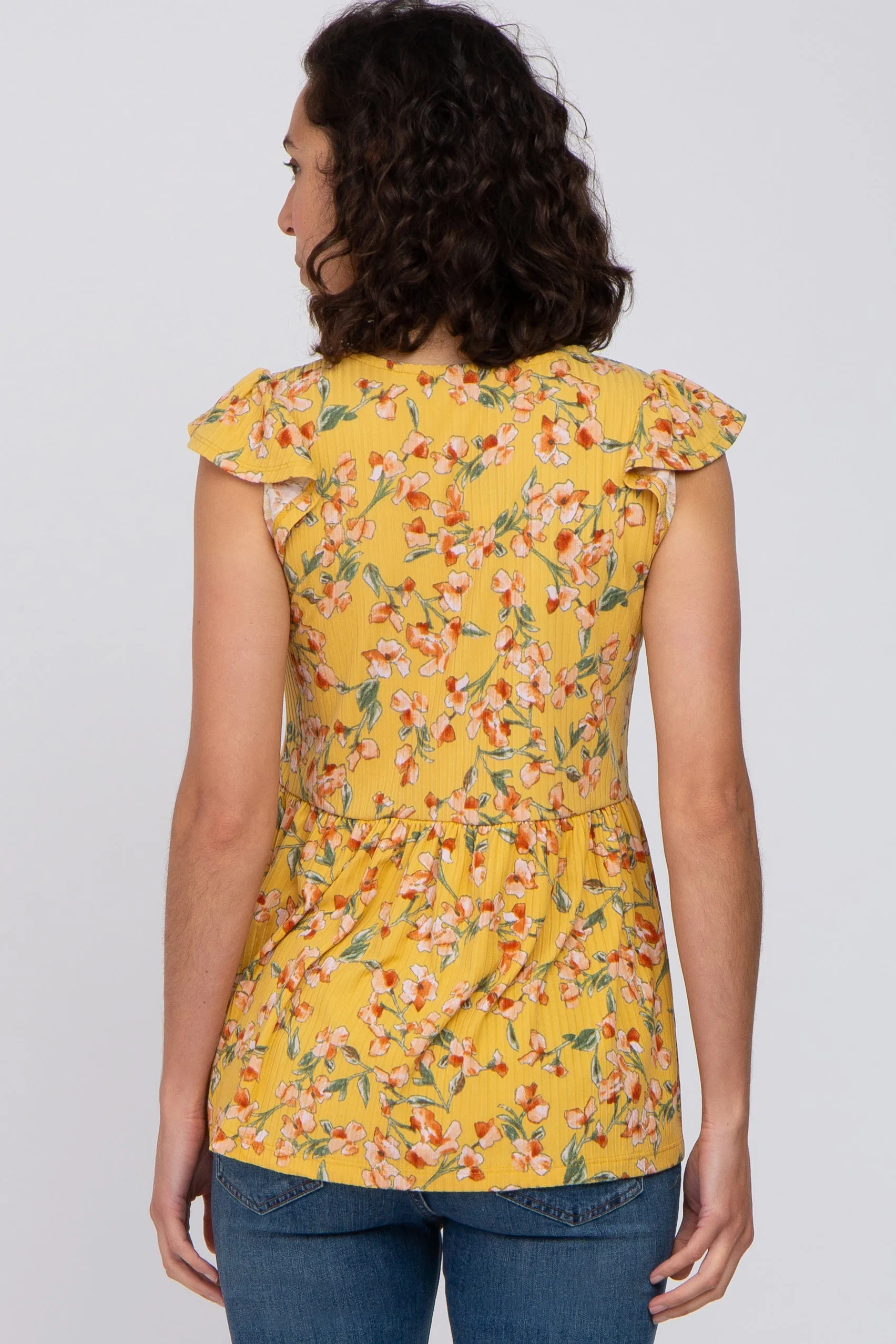 Yellow Floral Ribbed Ruffle Sleeve Top sold by Pinkblush product image thumbnail 3