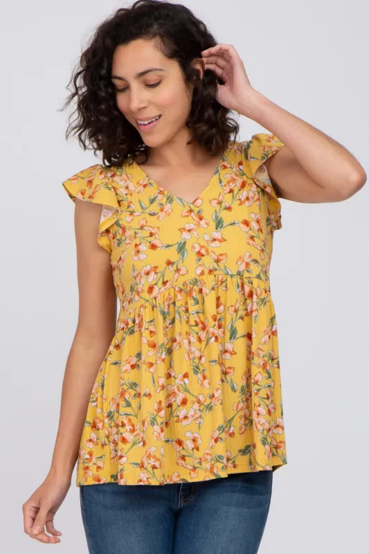 Yellow Floral Ribbed Ruffle Sleeve Top sold by Pinkblush
