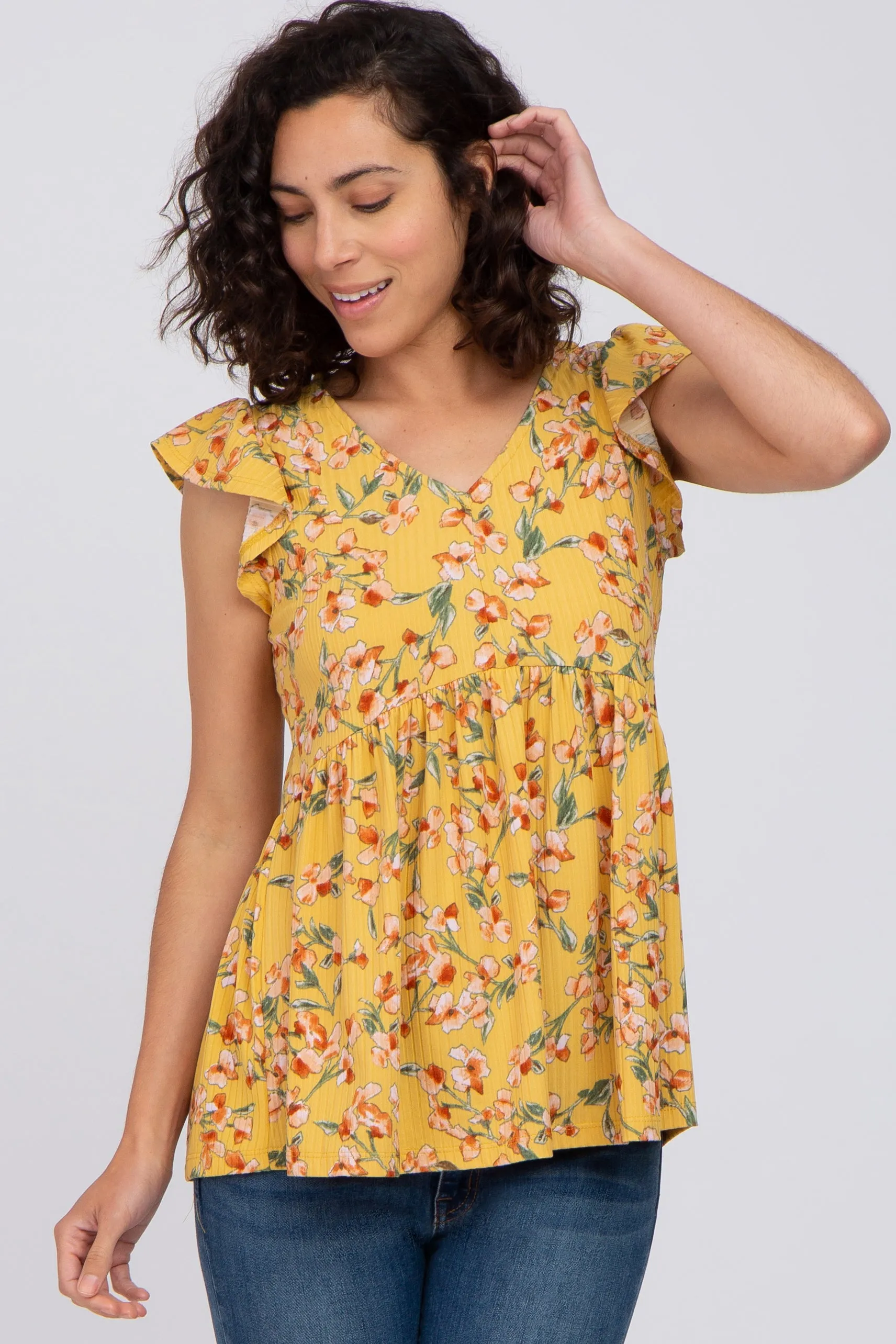 Yellow Floral Ribbed Ruffle Sleeve Top sold by Pinkblush