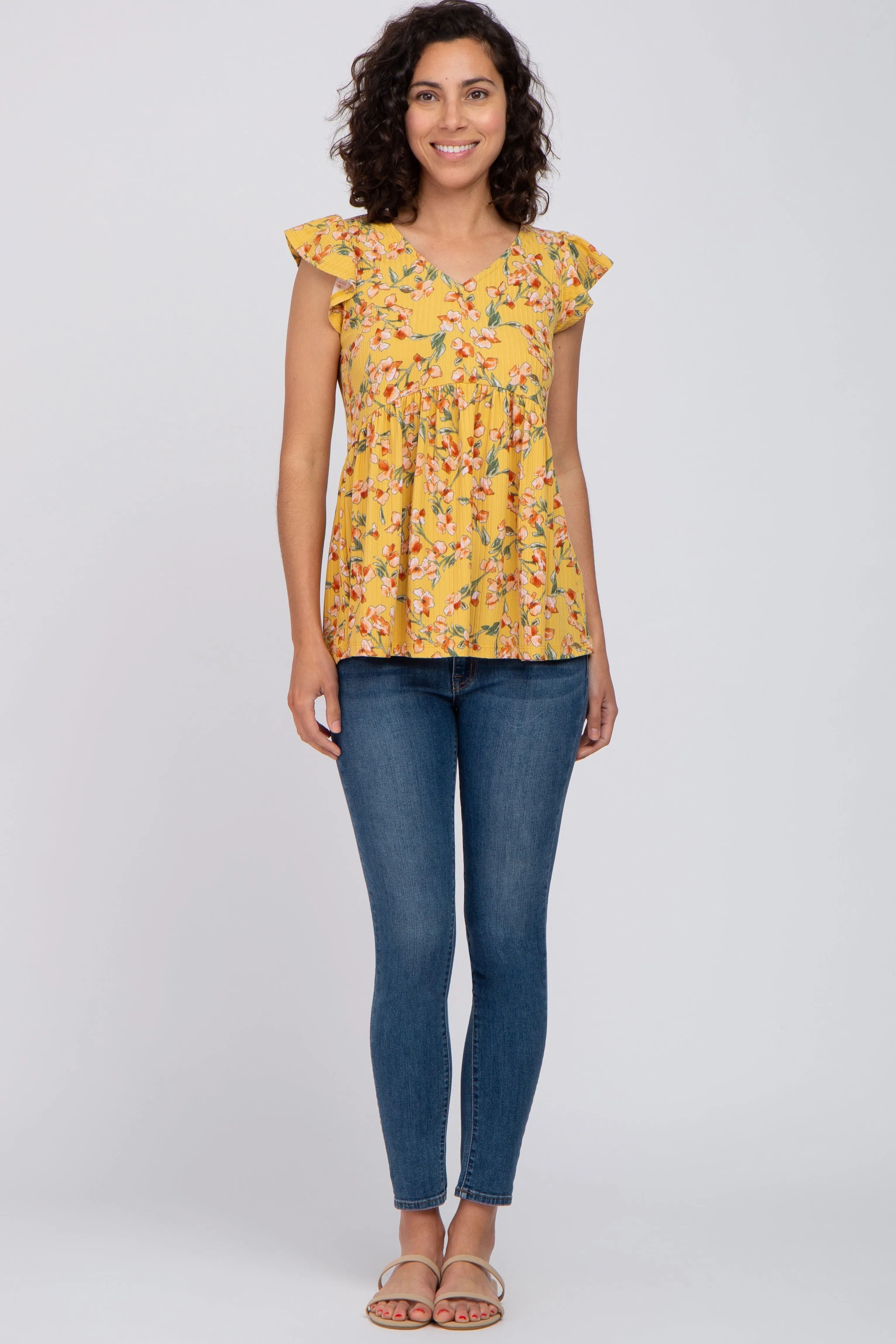 Yellow Floral Ribbed Ruffle Sleeve Top sold by Pinkblush product image thumbnail 5