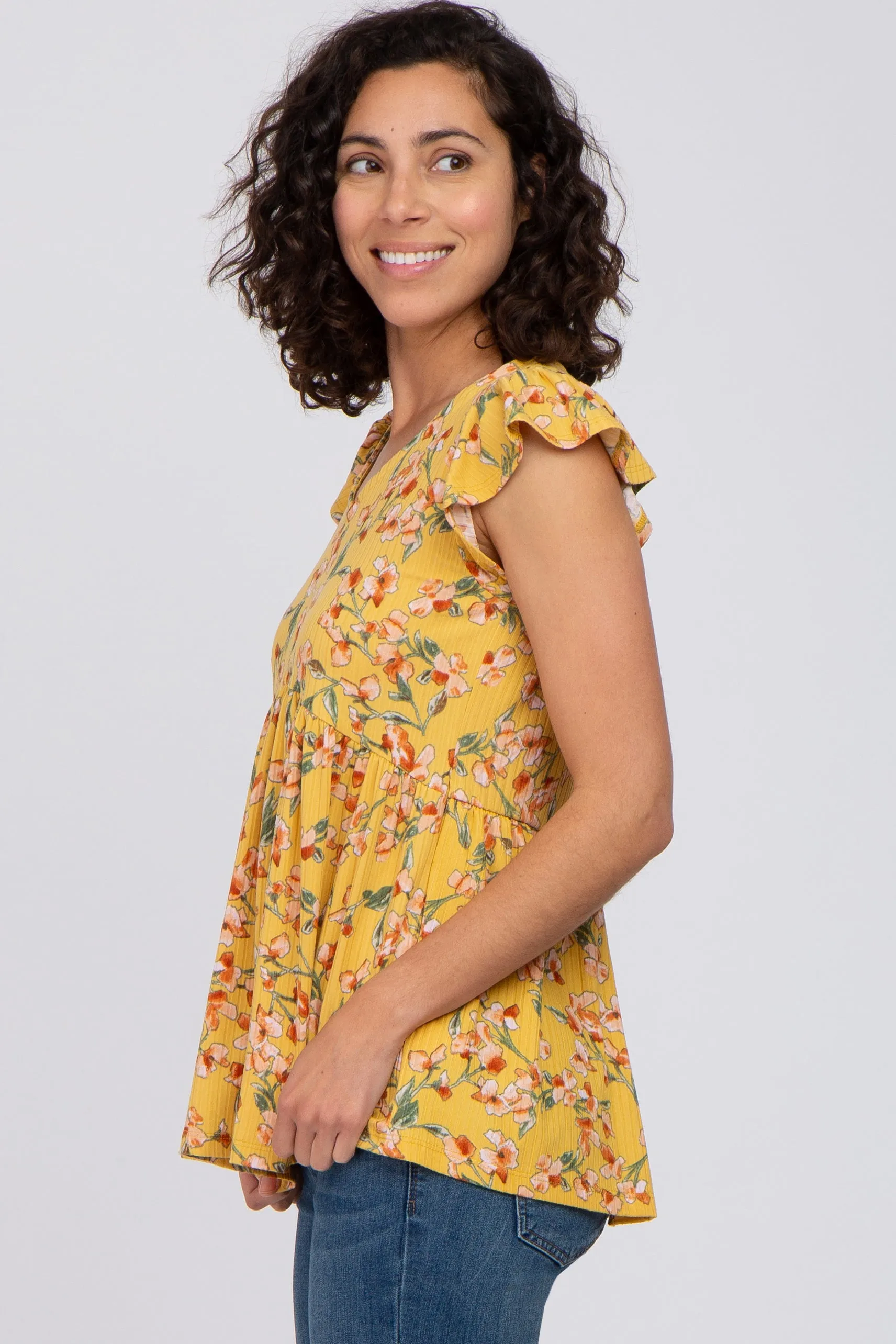 Yellow Floral Ribbed Ruffle Sleeve Top sold by Pinkblush product image thumbnail 2