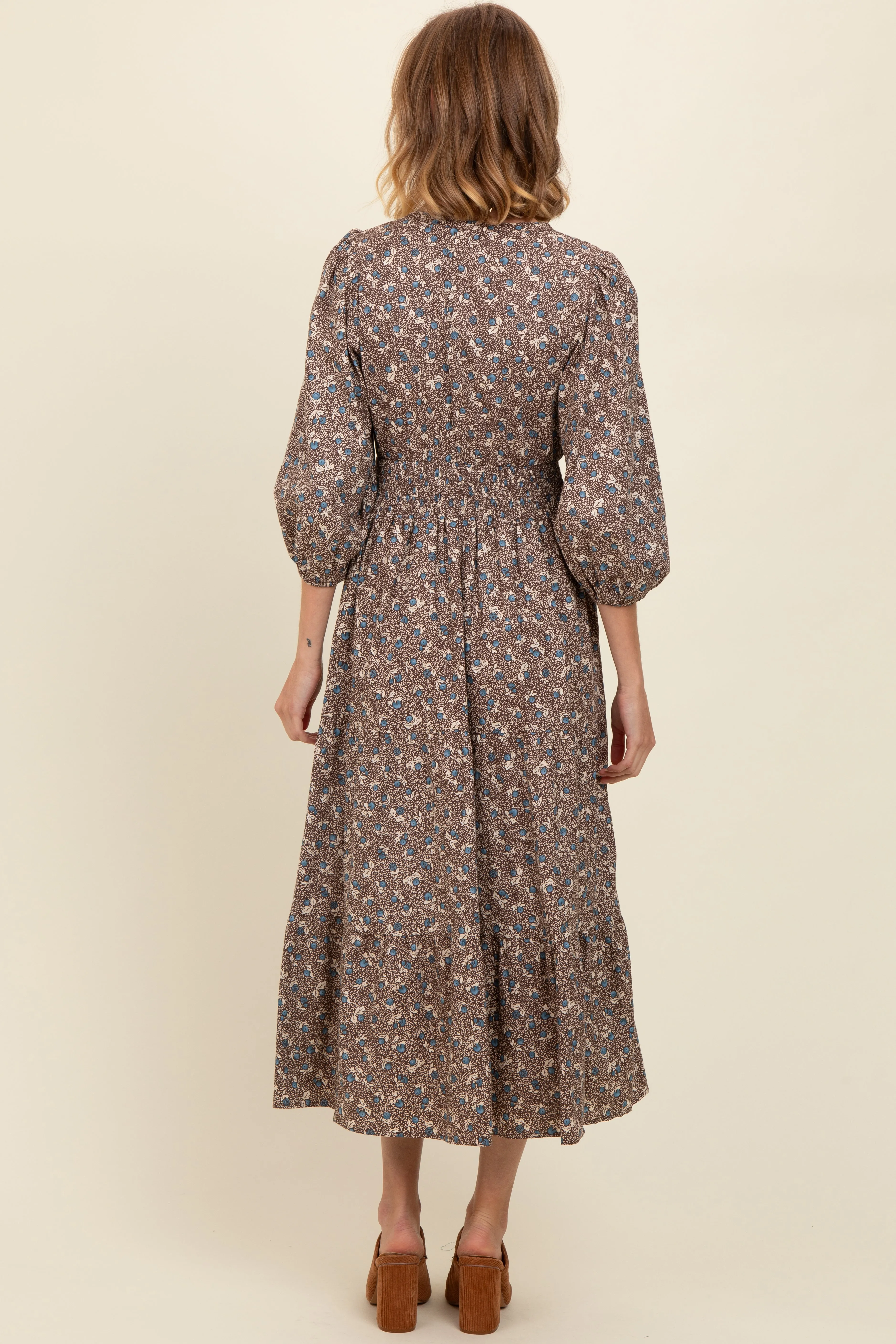 Brown Floral Button Front V-Neck Midi Dress sold by Pinkblush product image thumbnail 3