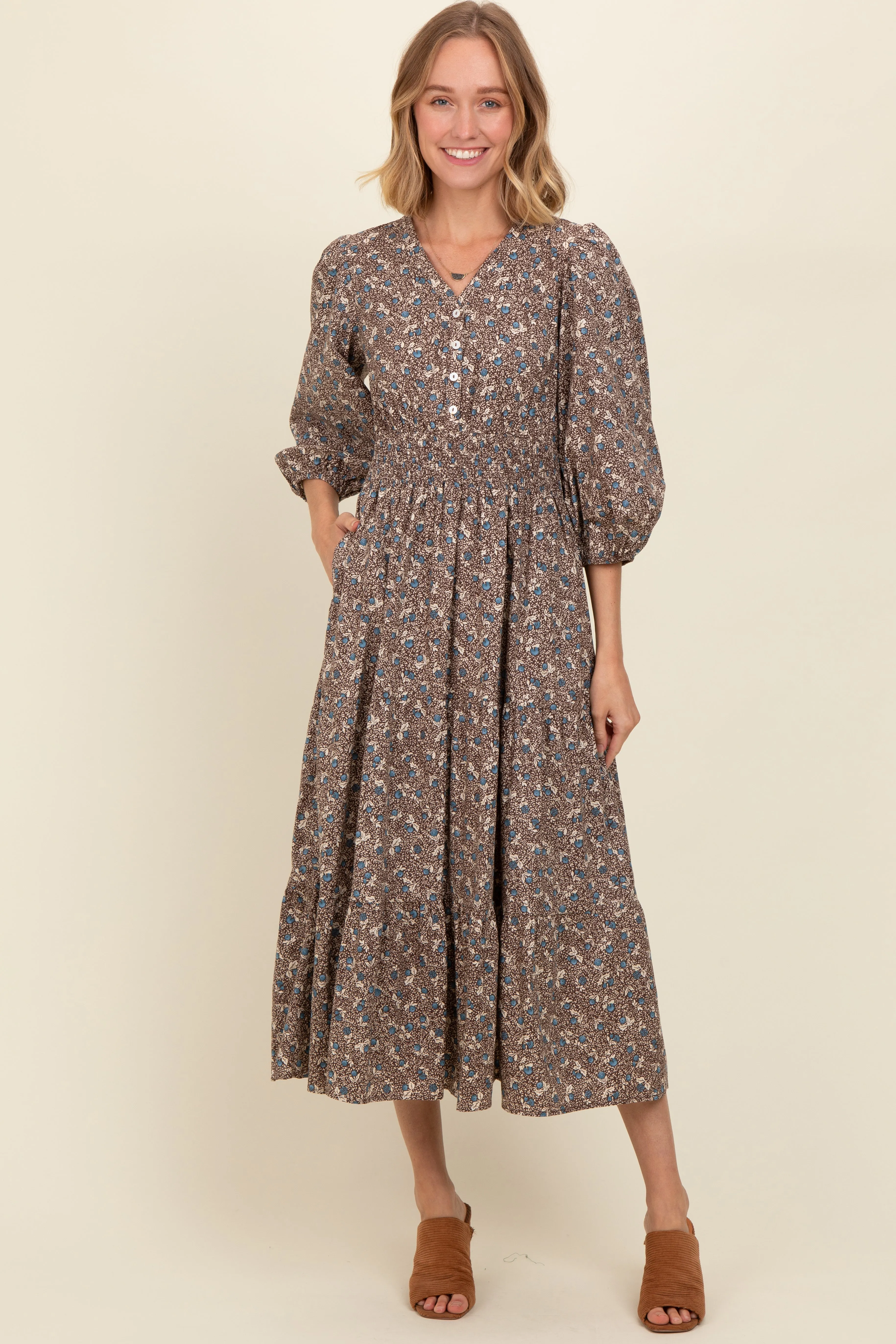 Brown Floral Button Front V-Neck Midi Dress sold by Pinkblush product image thumbnail 2