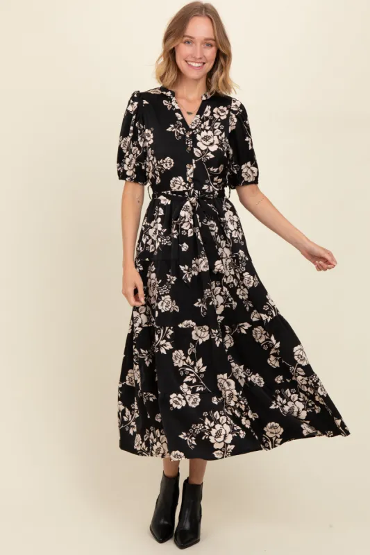 Black Floral Button Down Front Tie Midi Dress sold by Pinkblush