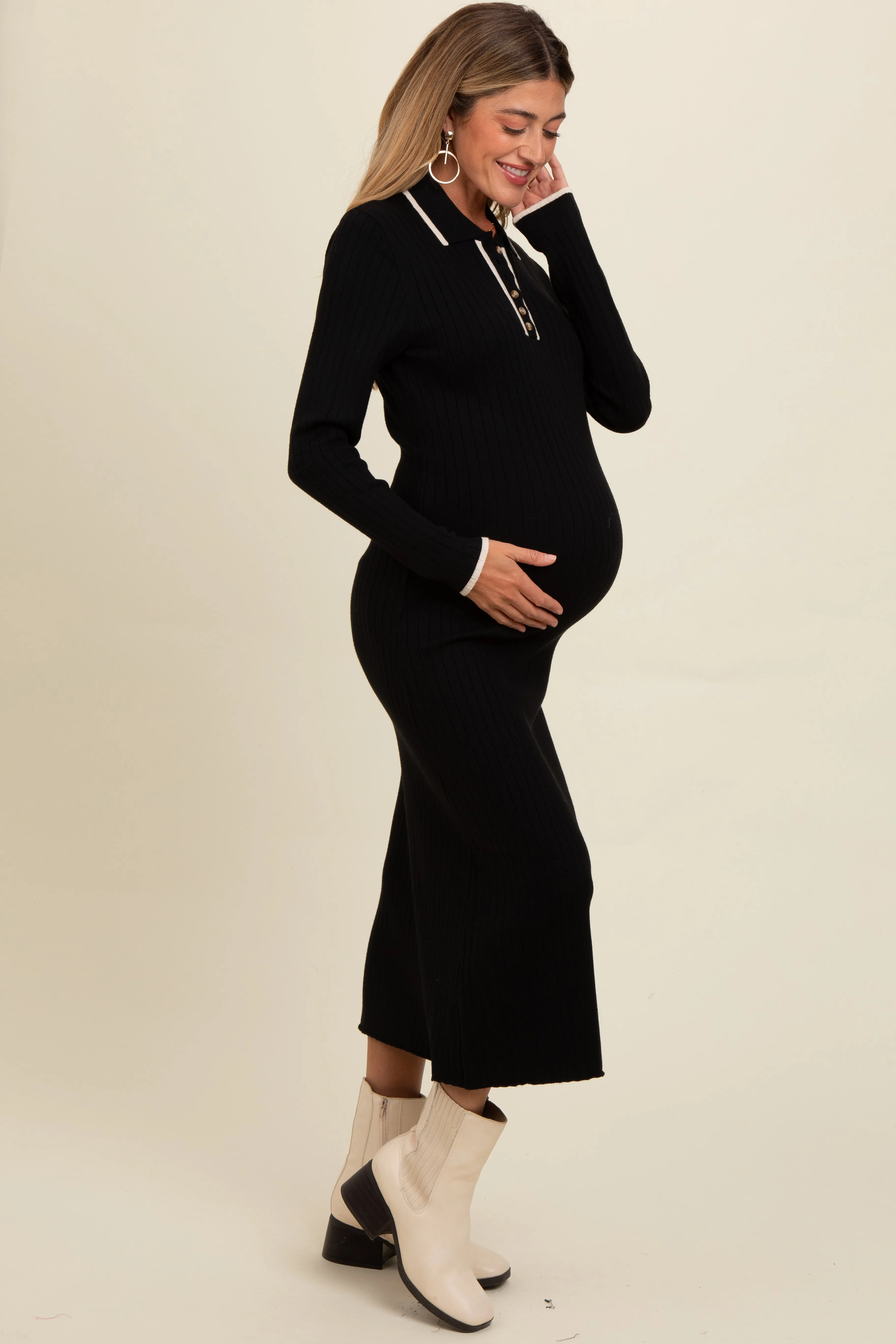 Black Ribbed Contrast Trim Polo Maternity Midi Sweater Dress sold by Pinkblush product image thumbnail 2