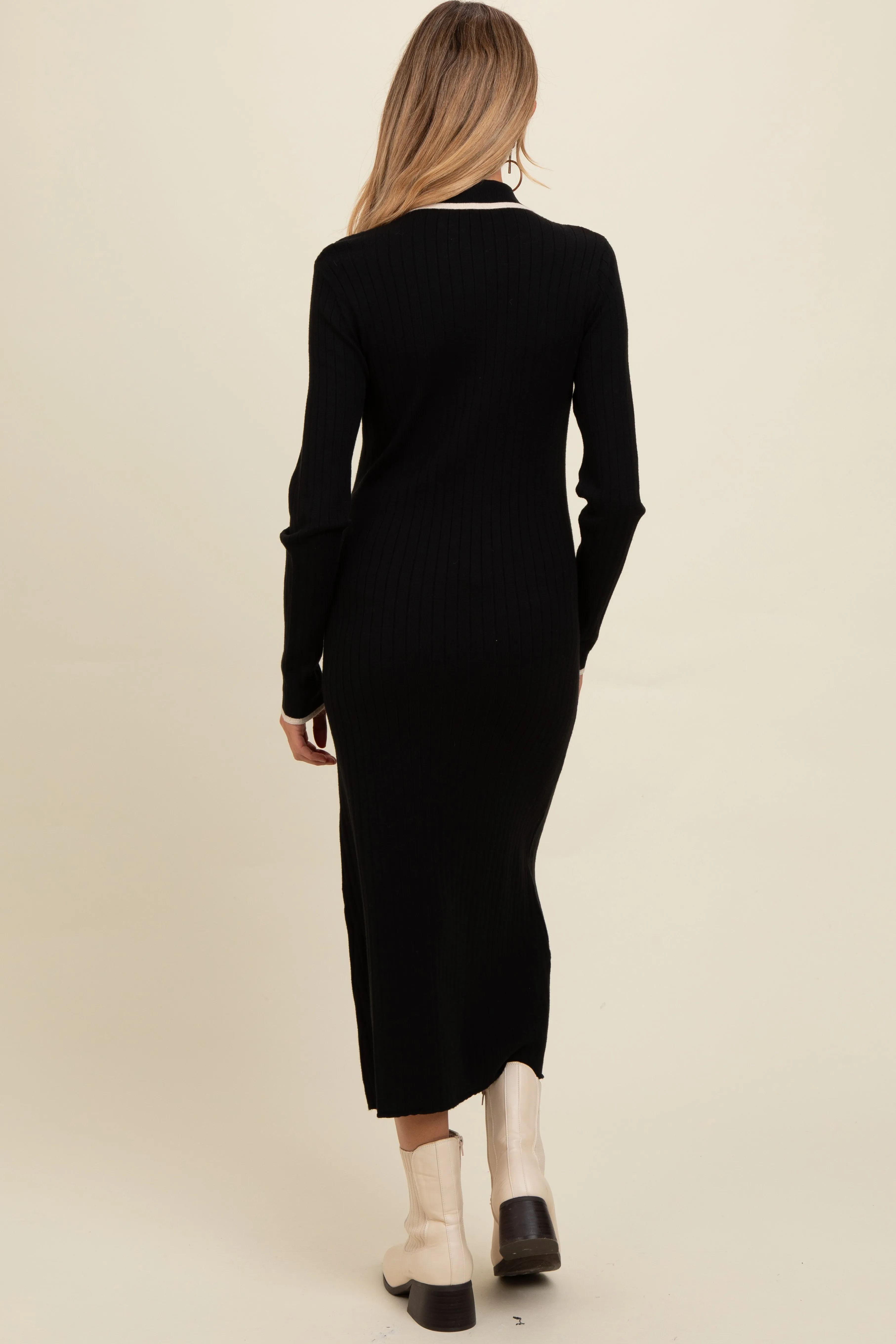 Black Ribbed Contrast Trim Polo Maternity Midi Sweater Dress sold by Pinkblush product image thumbnail 3