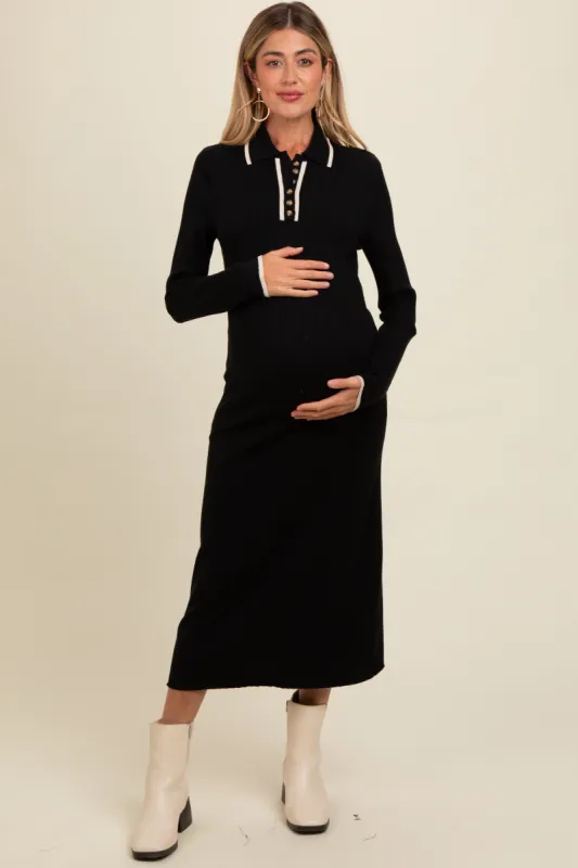 Black Ribbed Contrast Trim Polo Maternity Midi Sweater Dress sold by Pinkblush