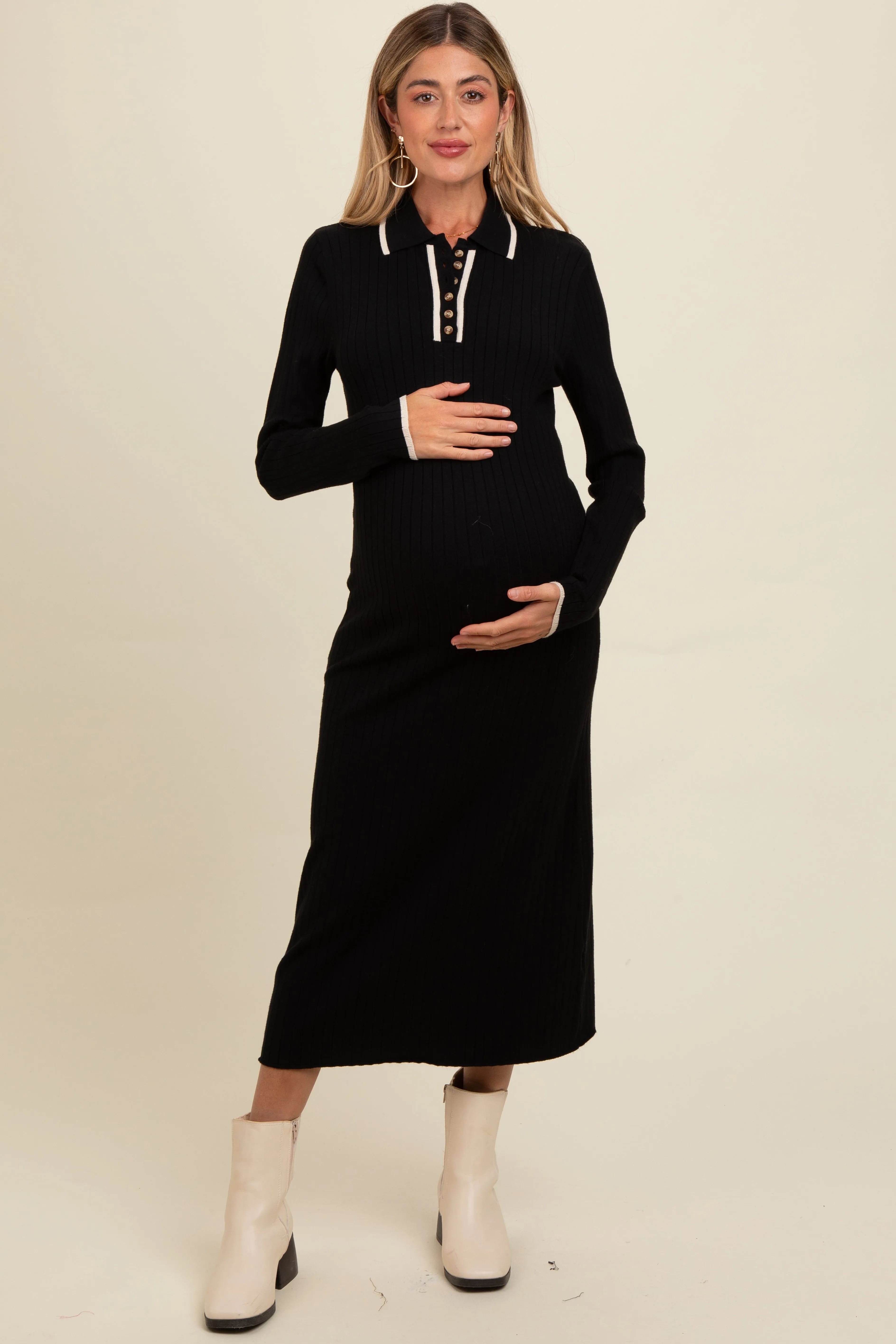 Black Ribbed Contrast Trim Polo Maternity Midi Sweater Dress sold by Pinkblush