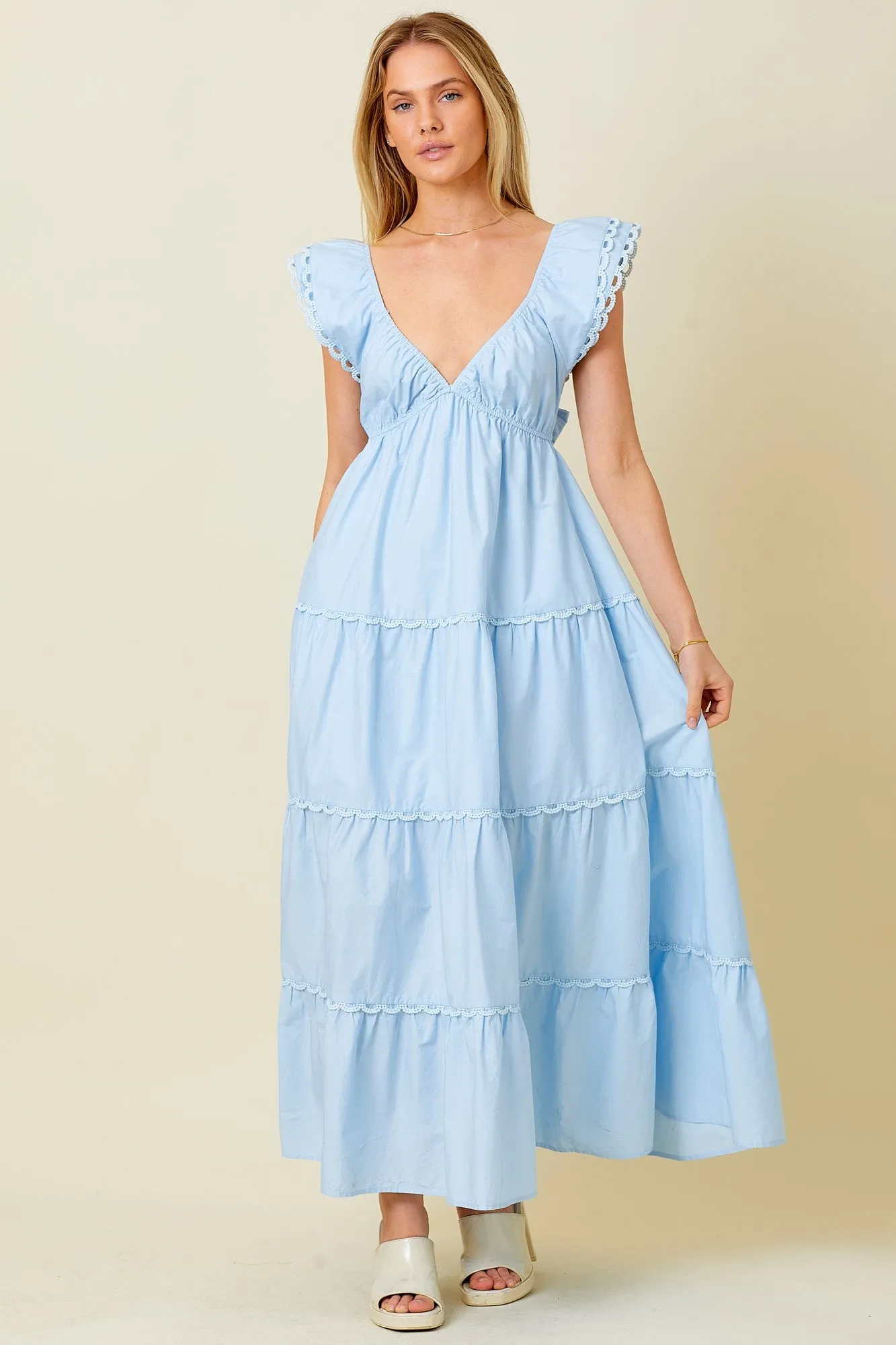 Light Blue Ruffle Trim Maxi Dress sold by Pinkblush