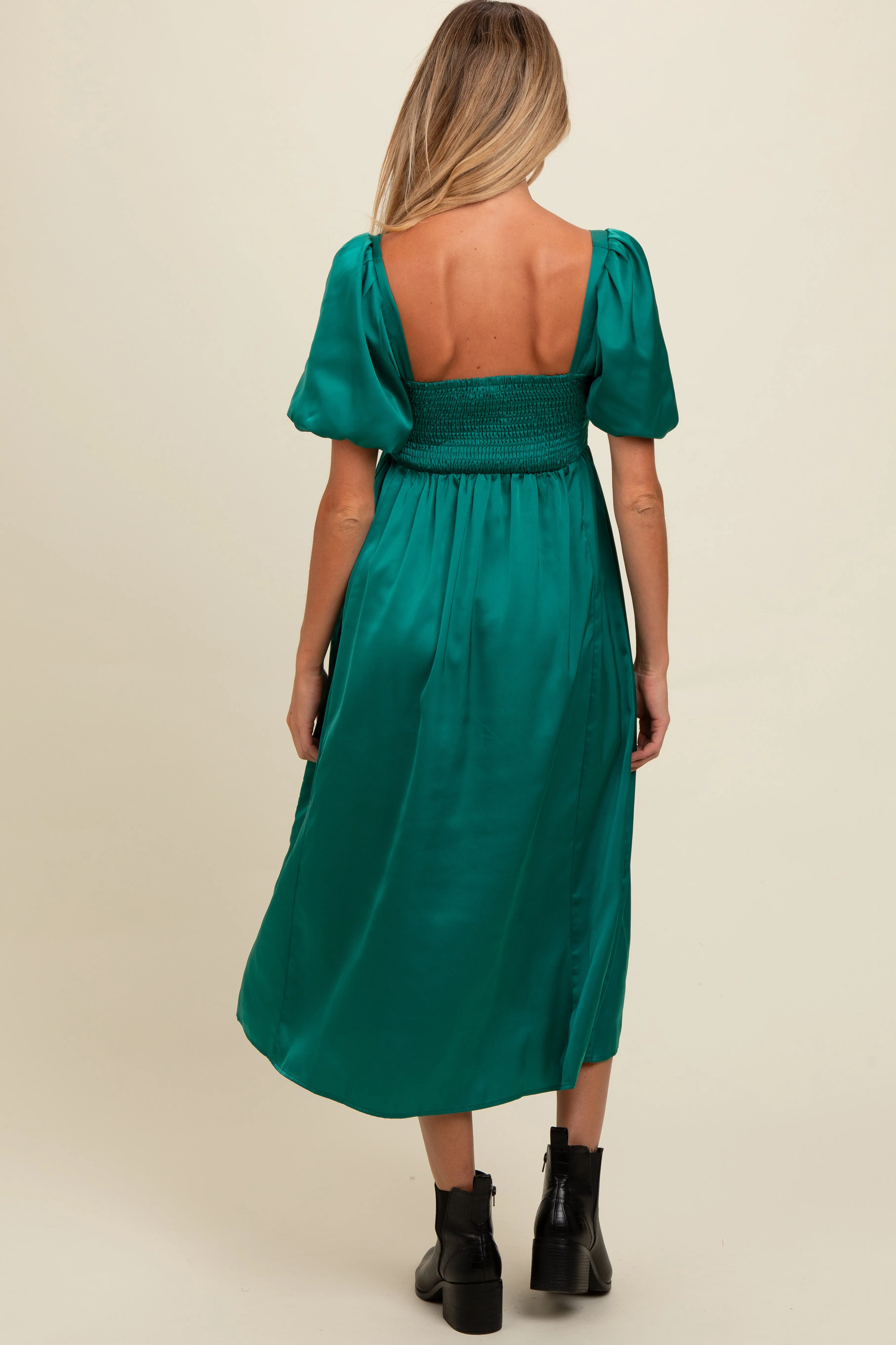 Emerald Green Satin Pleated Bodice Puff Sleeve Maternity Midi Dress sold by Pinkblush product image thumbnail 4