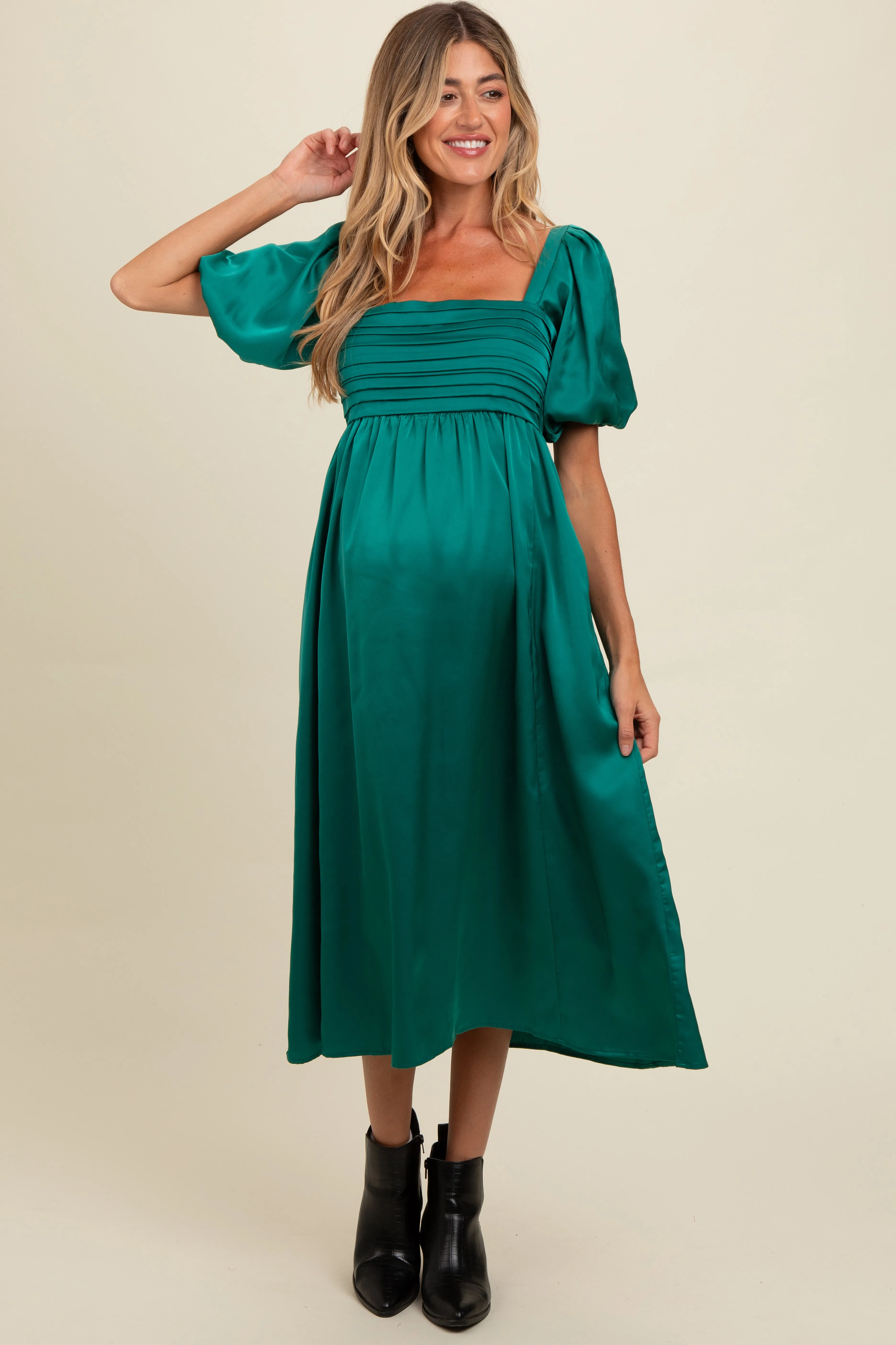 Emerald Green Satin Pleated Bodice Puff Sleeve Maternity Midi Dress sold by Pinkblush