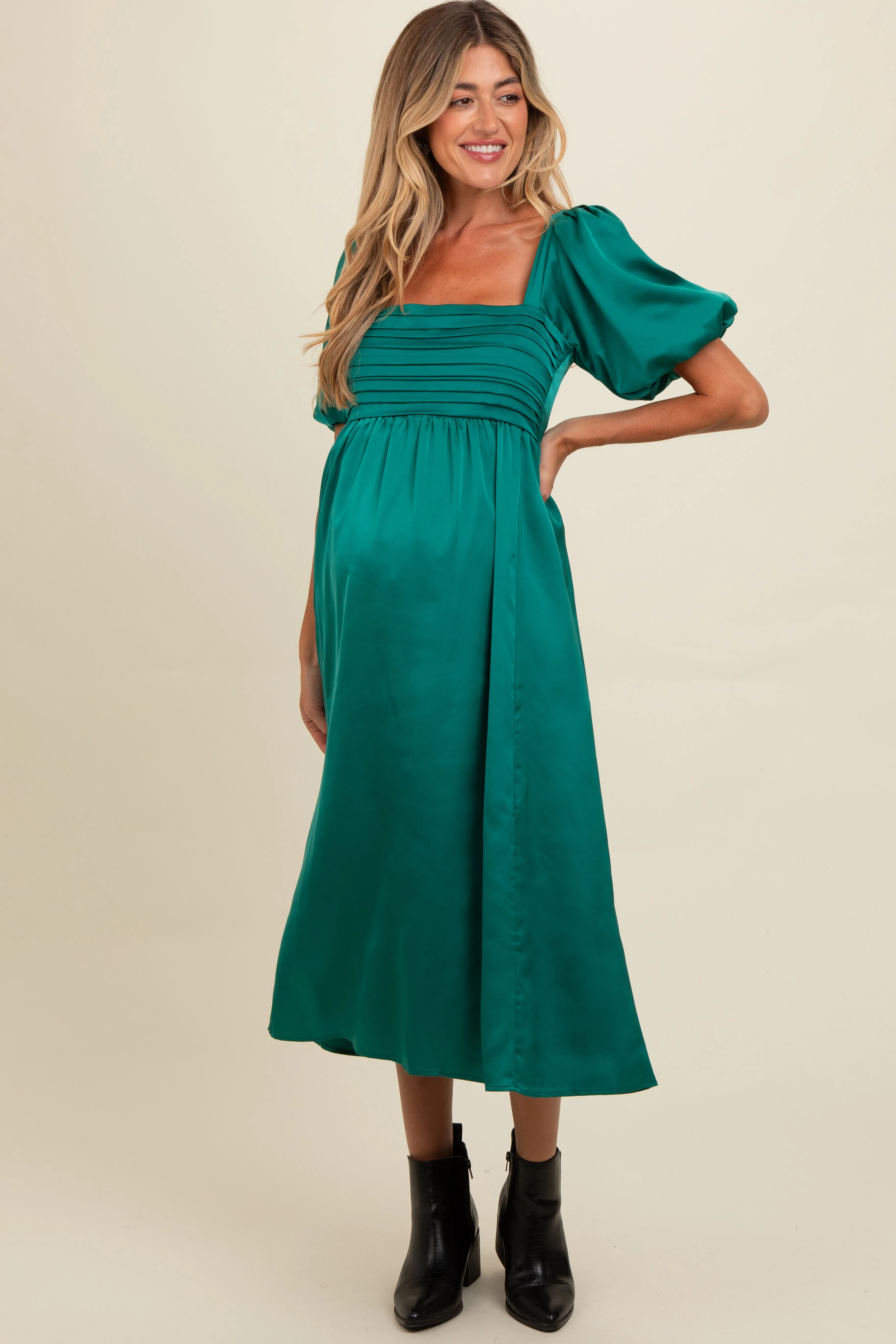 Emerald Green Satin Pleated Bodice Puff Sleeve Maternity Midi Dress sold by Pinkblush product image thumbnail 2