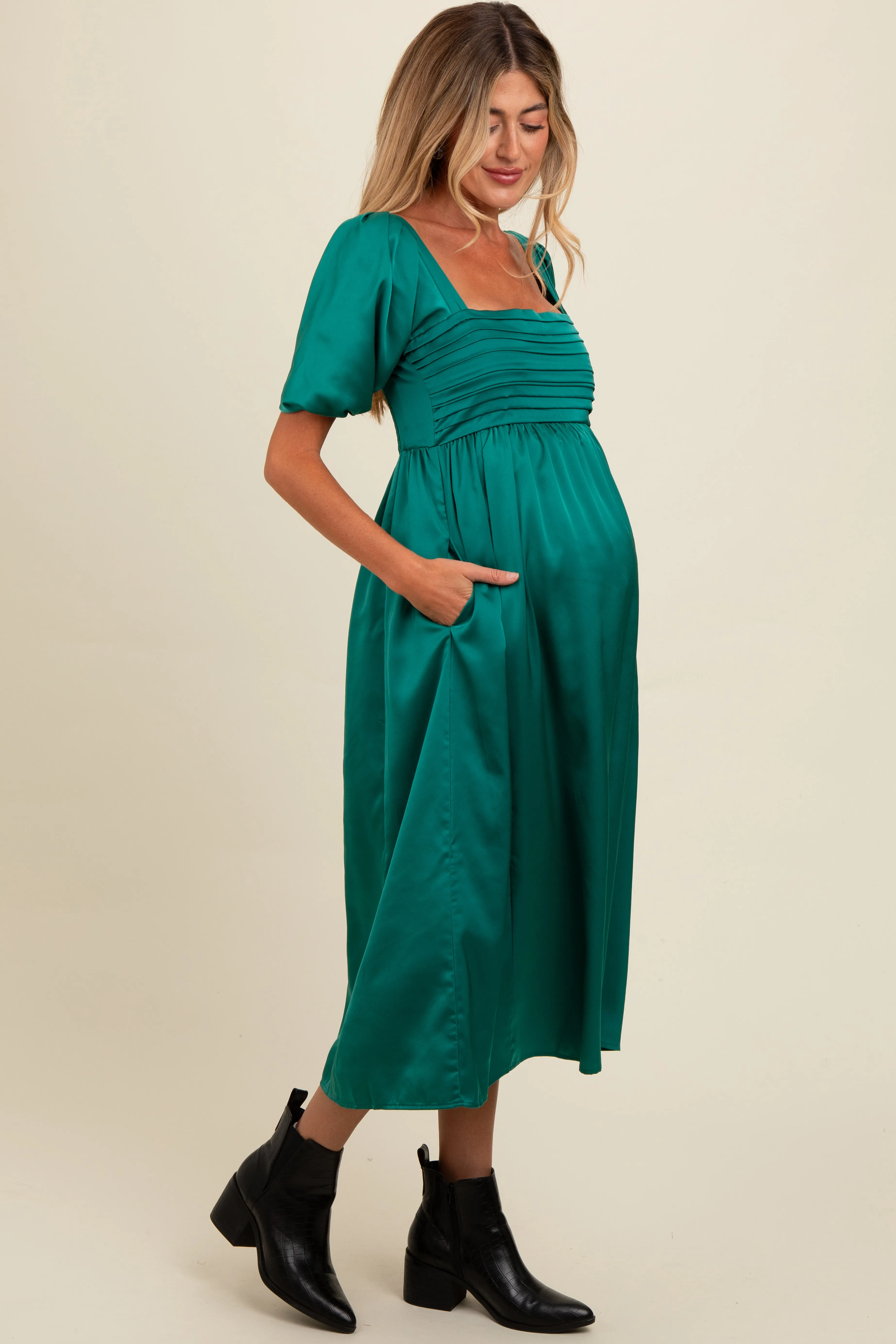 Emerald Green Satin Pleated Bodice Puff Sleeve Maternity Midi Dress sold by Pinkblush product image thumbnail 3