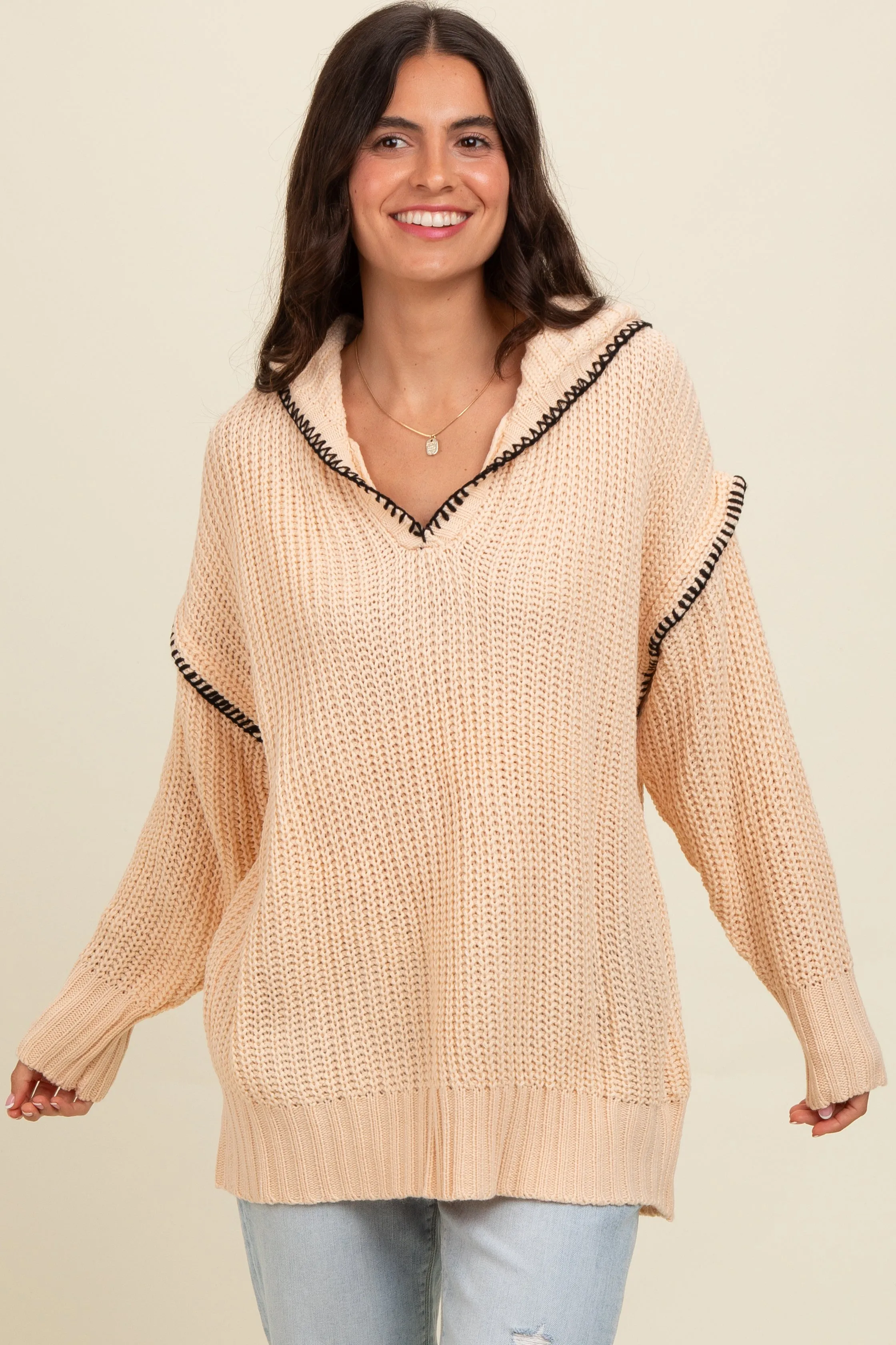 Beige Contrast Stitch Hooded Sweater sold by Pinkblush product image thumbnail 2