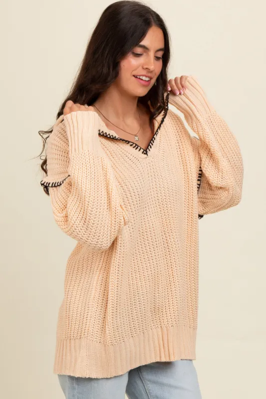 Beige Contrast Stitch Hooded Sweater sold by Pinkblush