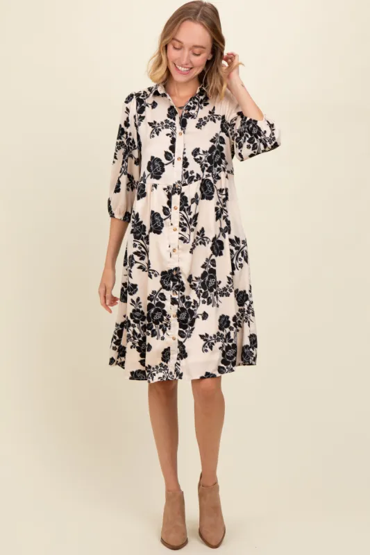 Cream Floral Button Down Collared Dress sold by Pinkblush