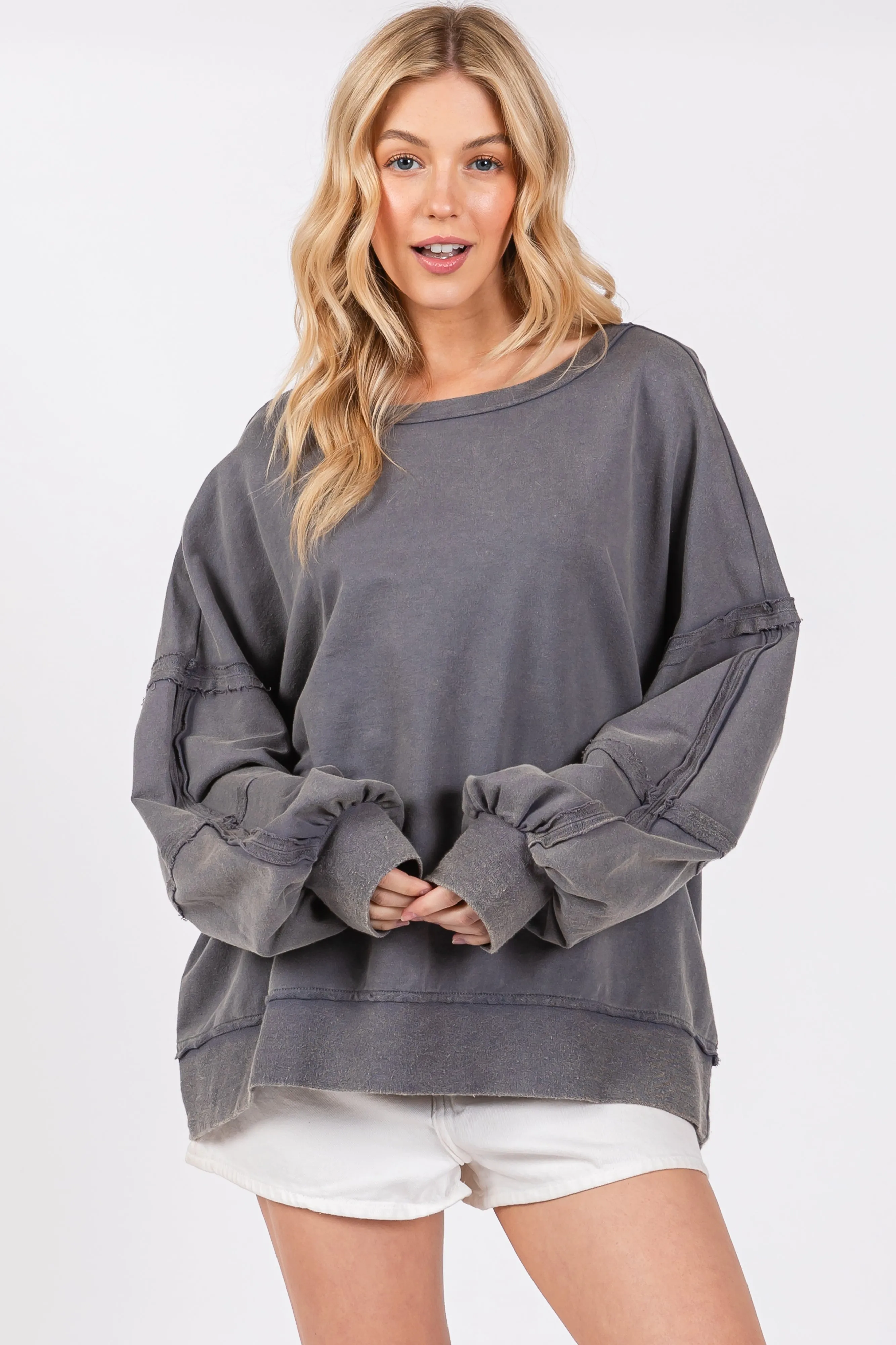 Charcoal Raw Hem Detail Pullover Top sold by Pinkblush