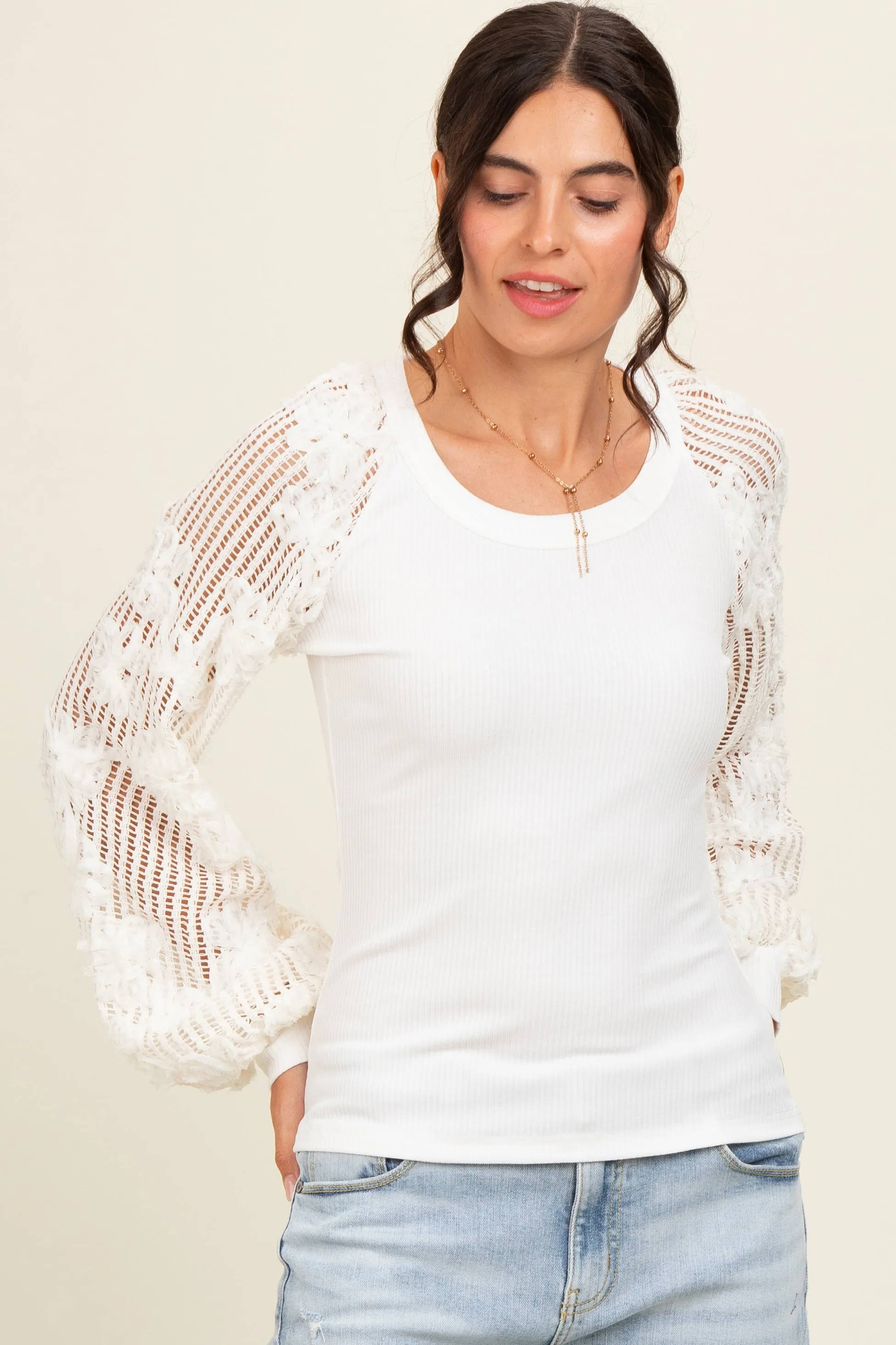 Ivory Floral Lace Balloon Sleeve Maternity Top sold by Pinkblush product image thumbnail 5