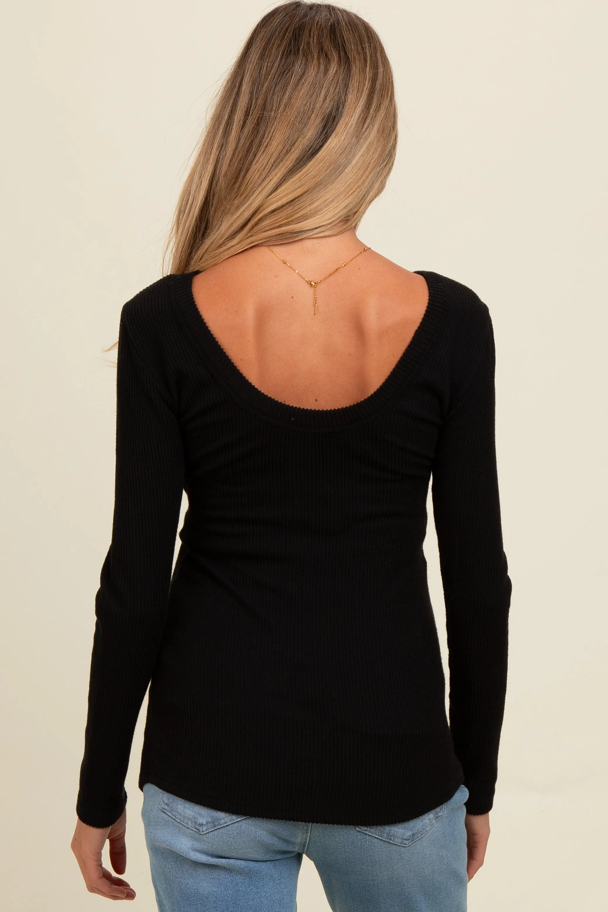 Black Ribbed Scoop Neck Long Sleeve Maternity Top sold by Pinkblush product image thumbnail 3