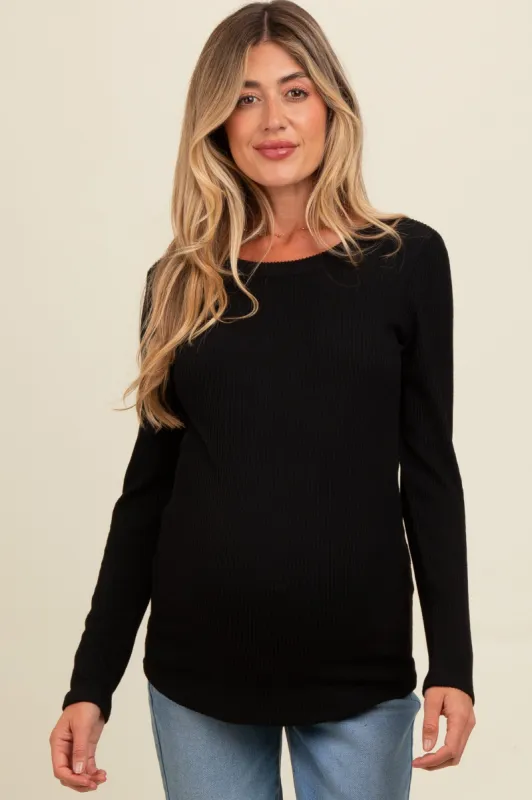 Black Ribbed Scoop Neck Long Sleeve Maternity Top sold by Pinkblush