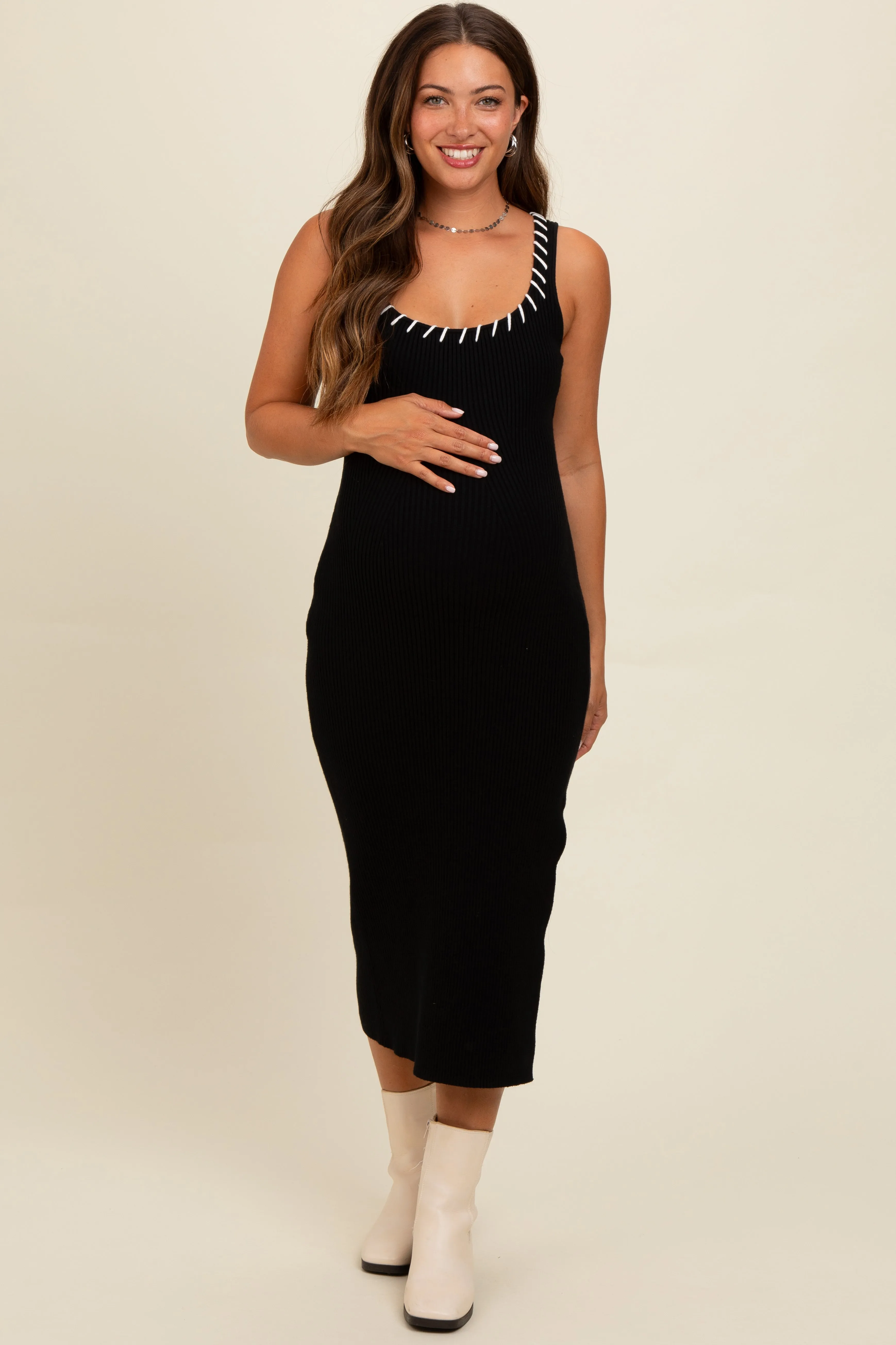 Black Knit Contrast Stitch Detail Maternity Midi Dress sold by Pinkblush