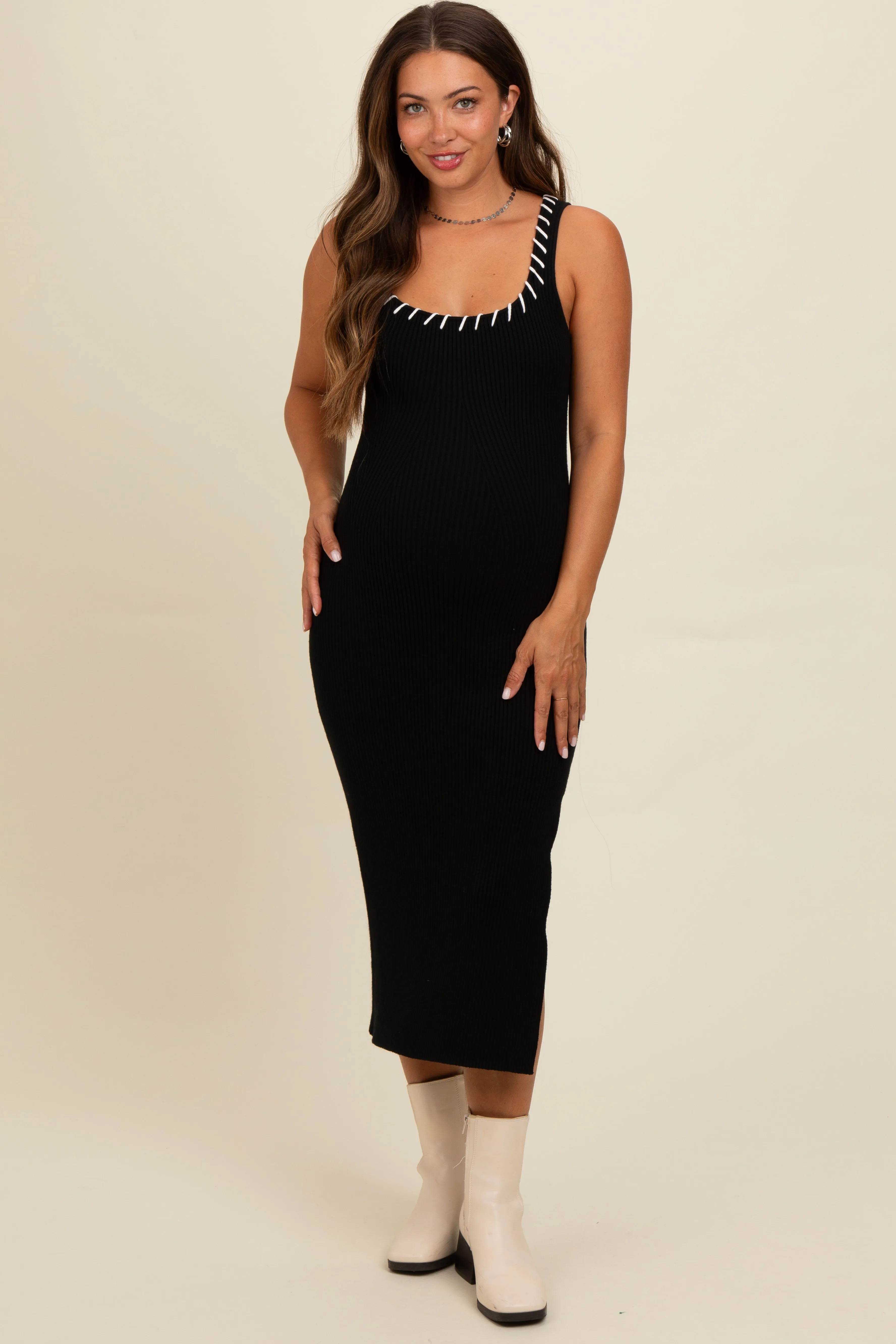 Black Knit Contrast Stitch Detail Maternity Midi Dress sold by Pinkblush product image thumbnail 2