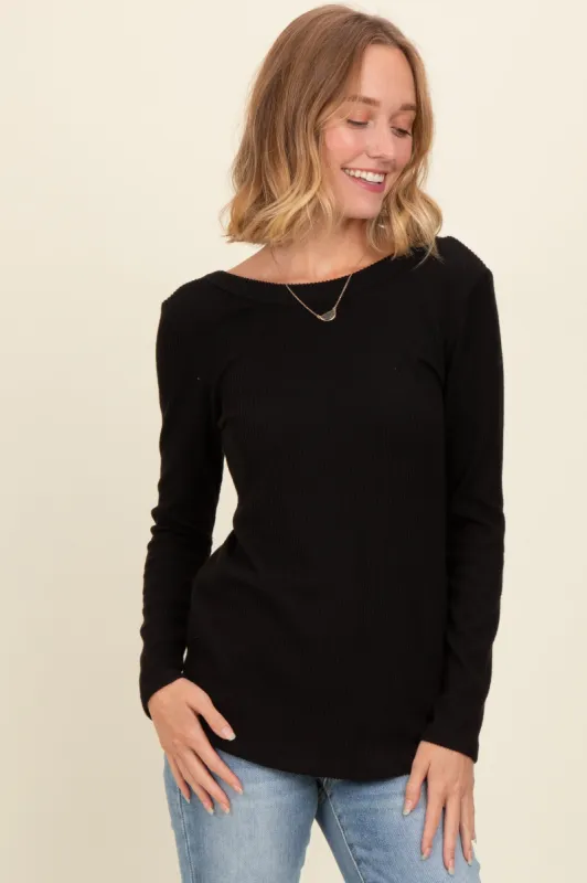 Black Ribbed Scoop Neck Long Sleeve Top sold by Pinkblush