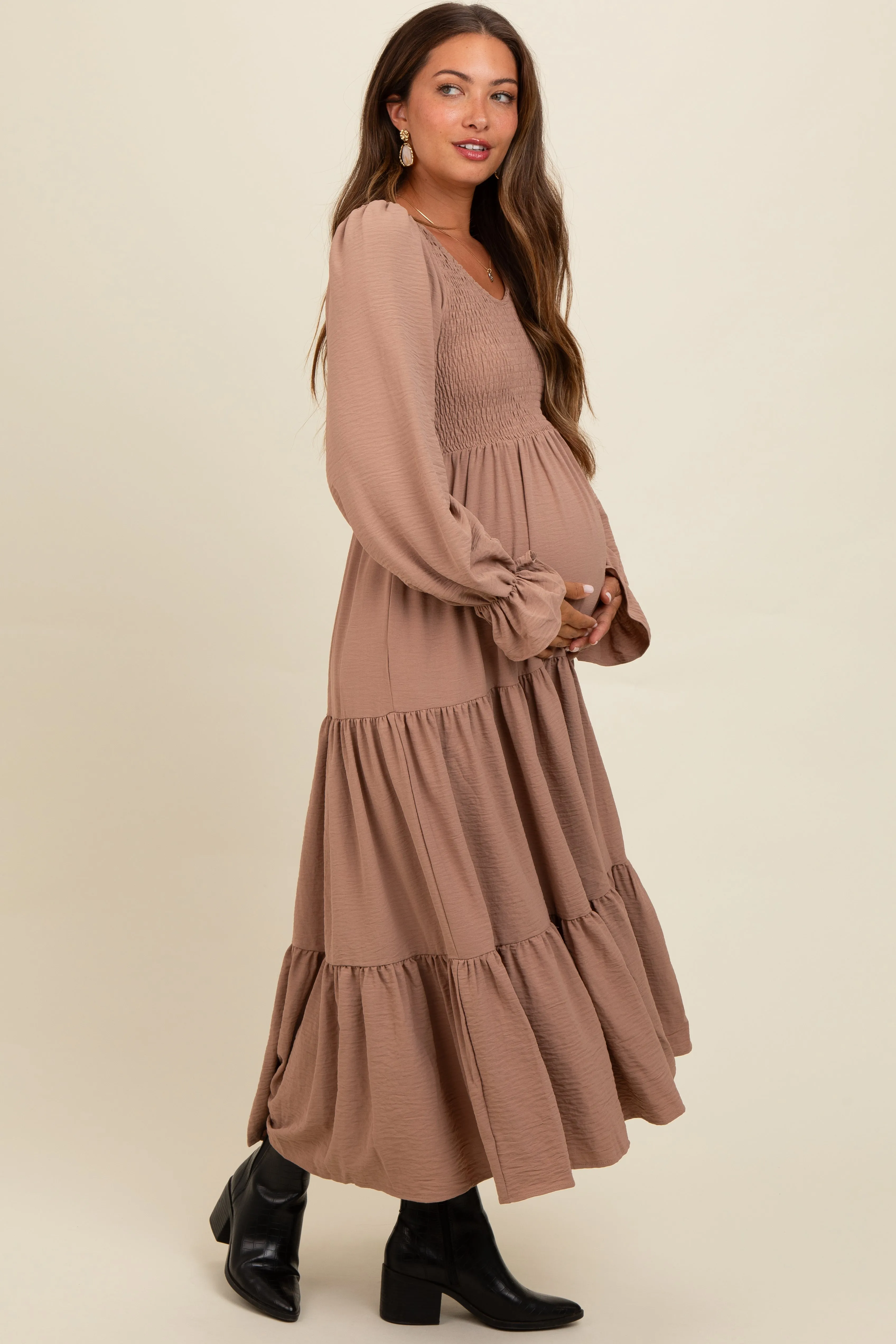 Mocha Smocked Tiered Long Sleeve Maternity Maxi Dress sold by Pinkblush product image thumbnail 2