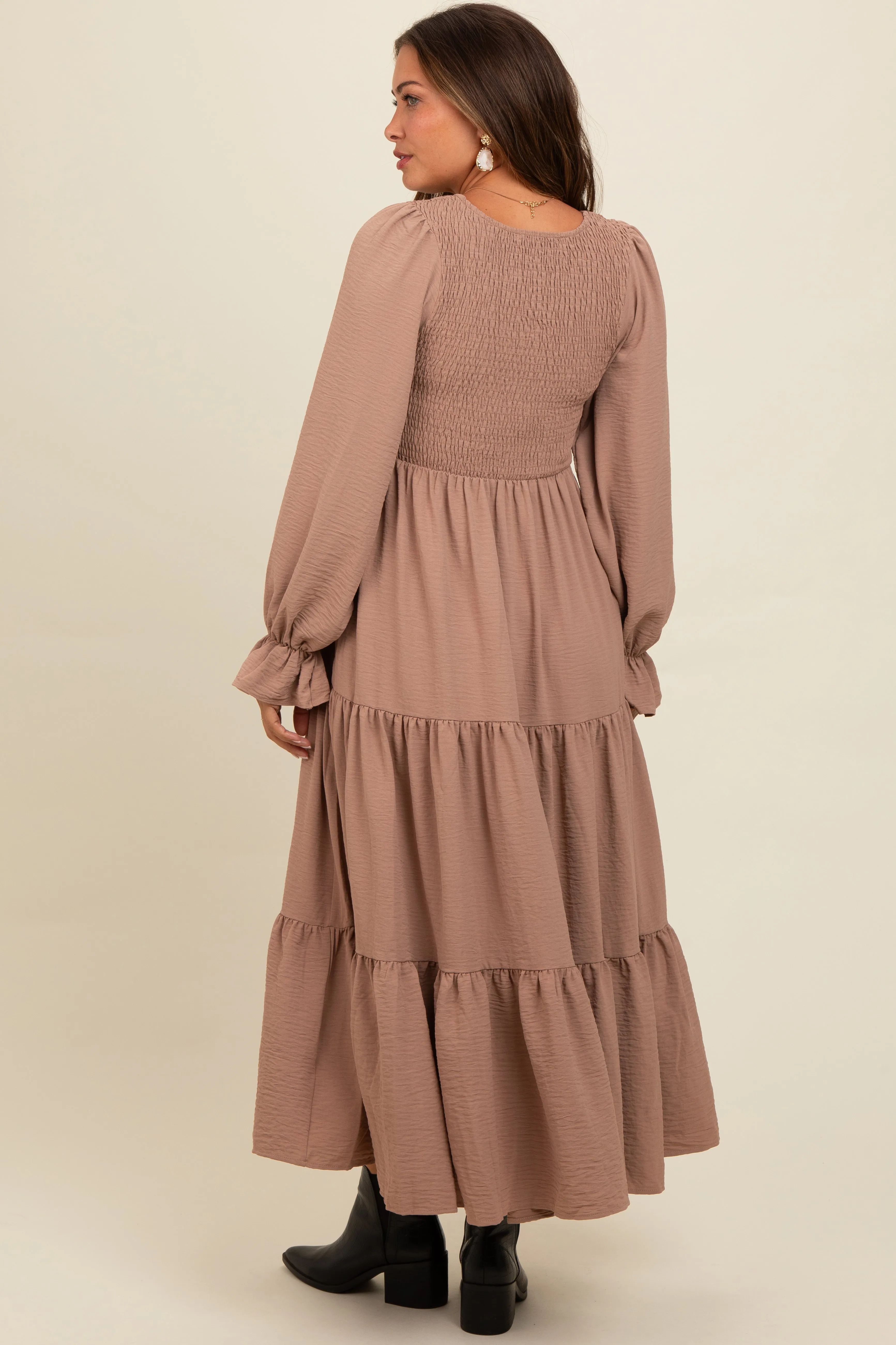 Mocha Smocked Tiered Long Sleeve Maternity Maxi Dress sold by Pinkblush product image thumbnail 3