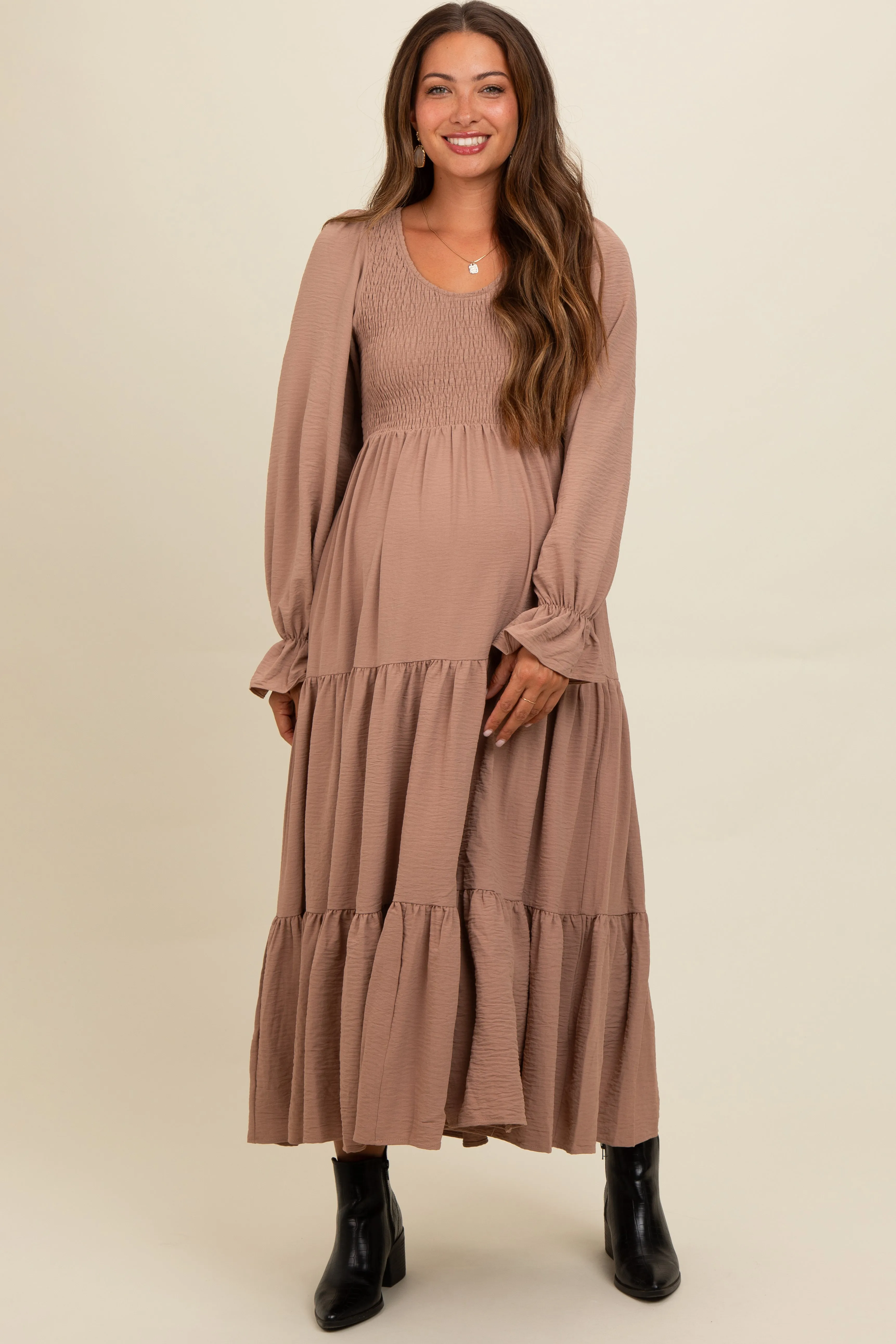 Mocha Smocked Tiered Long Sleeve Maternity Maxi Dress sold by Pinkblush