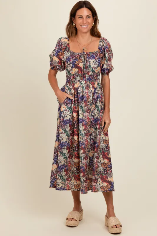 Black Floral Puff Sleeve Midi Dress sold by Pinkblush