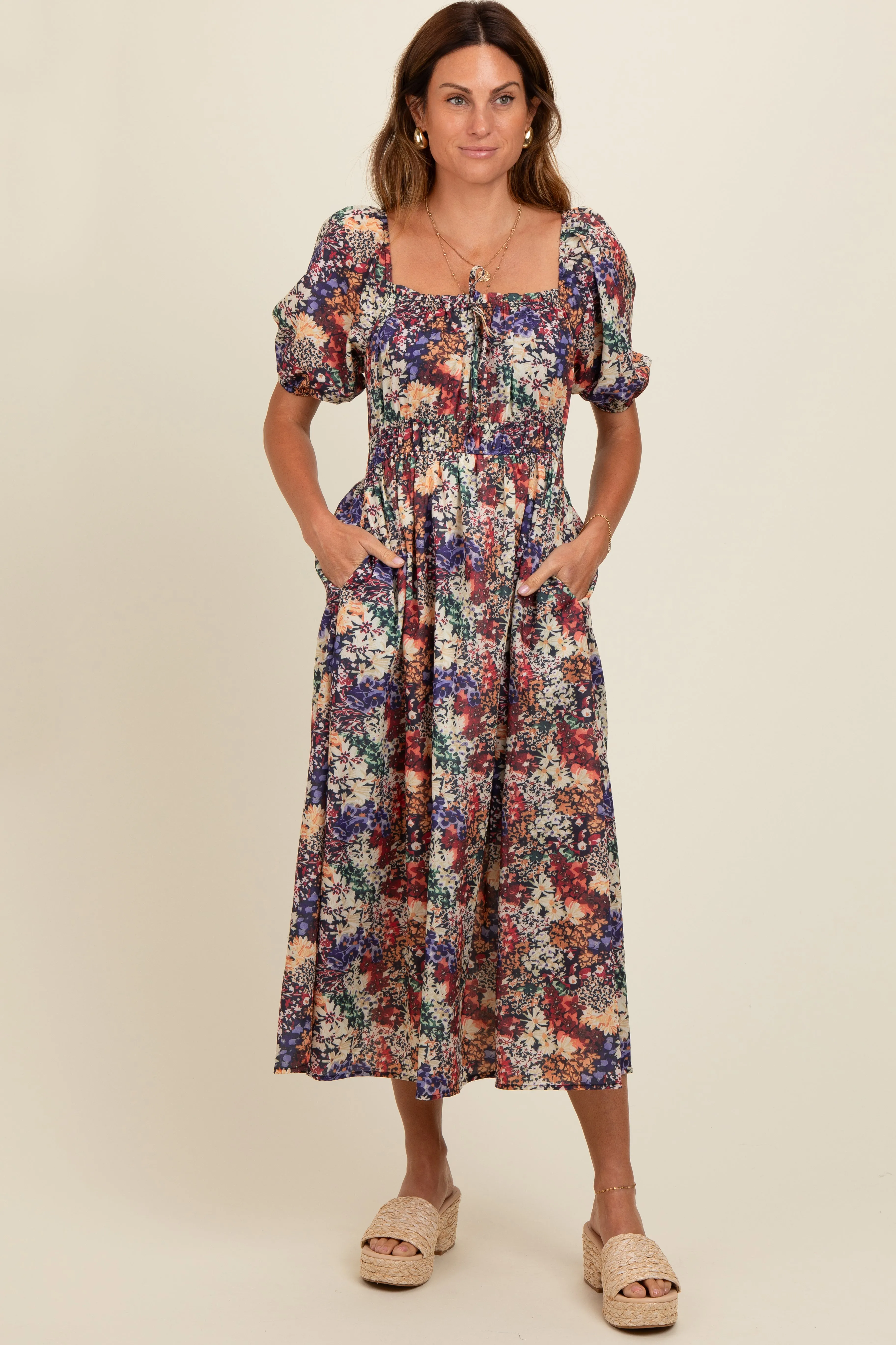 Black Floral Puff Sleeve Midi Dress sold by Pinkblush product image thumbnail 2